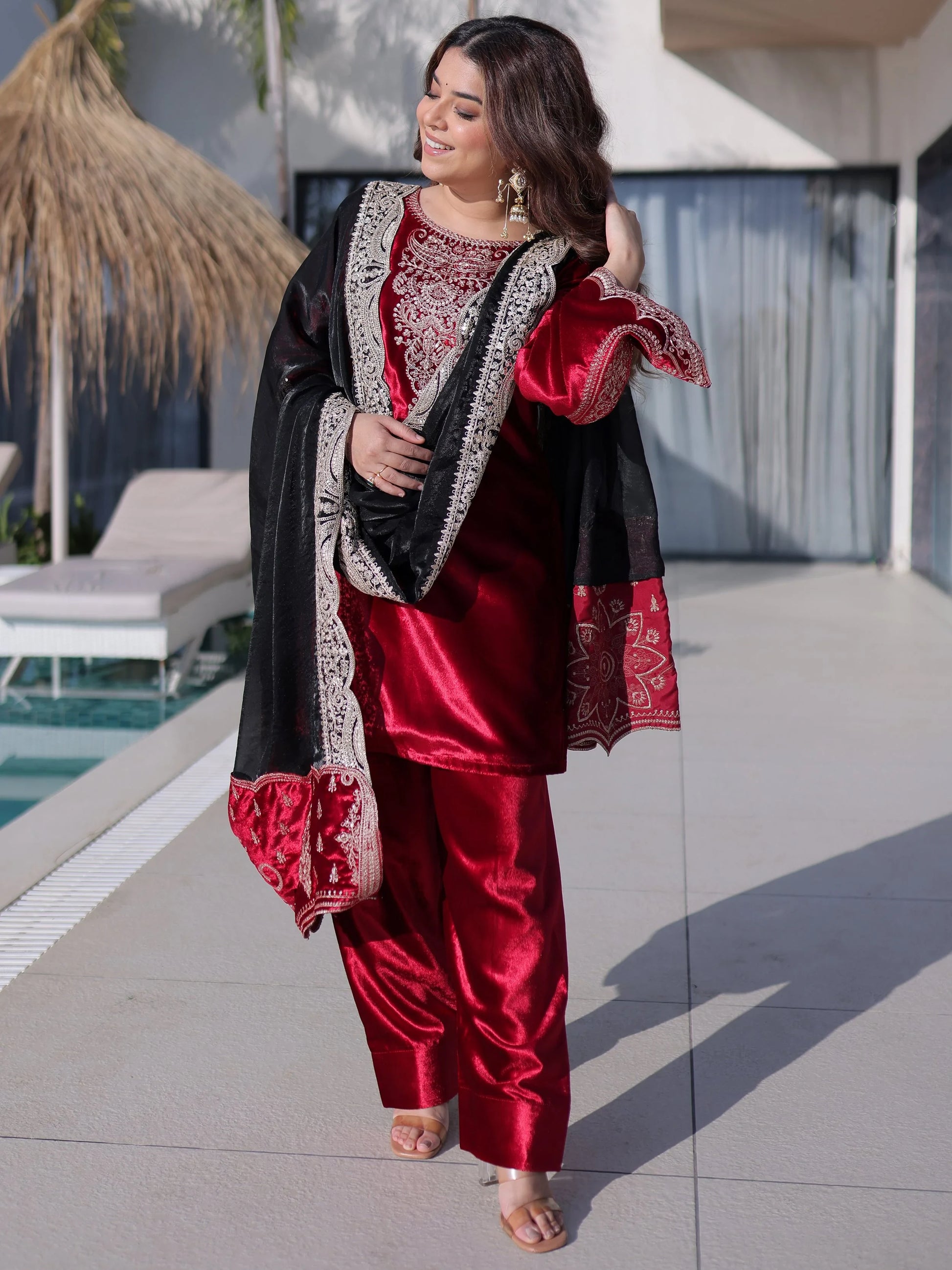 Incredible Red Zari Work Velvet Festive Wear Pant Suit With Dupatta