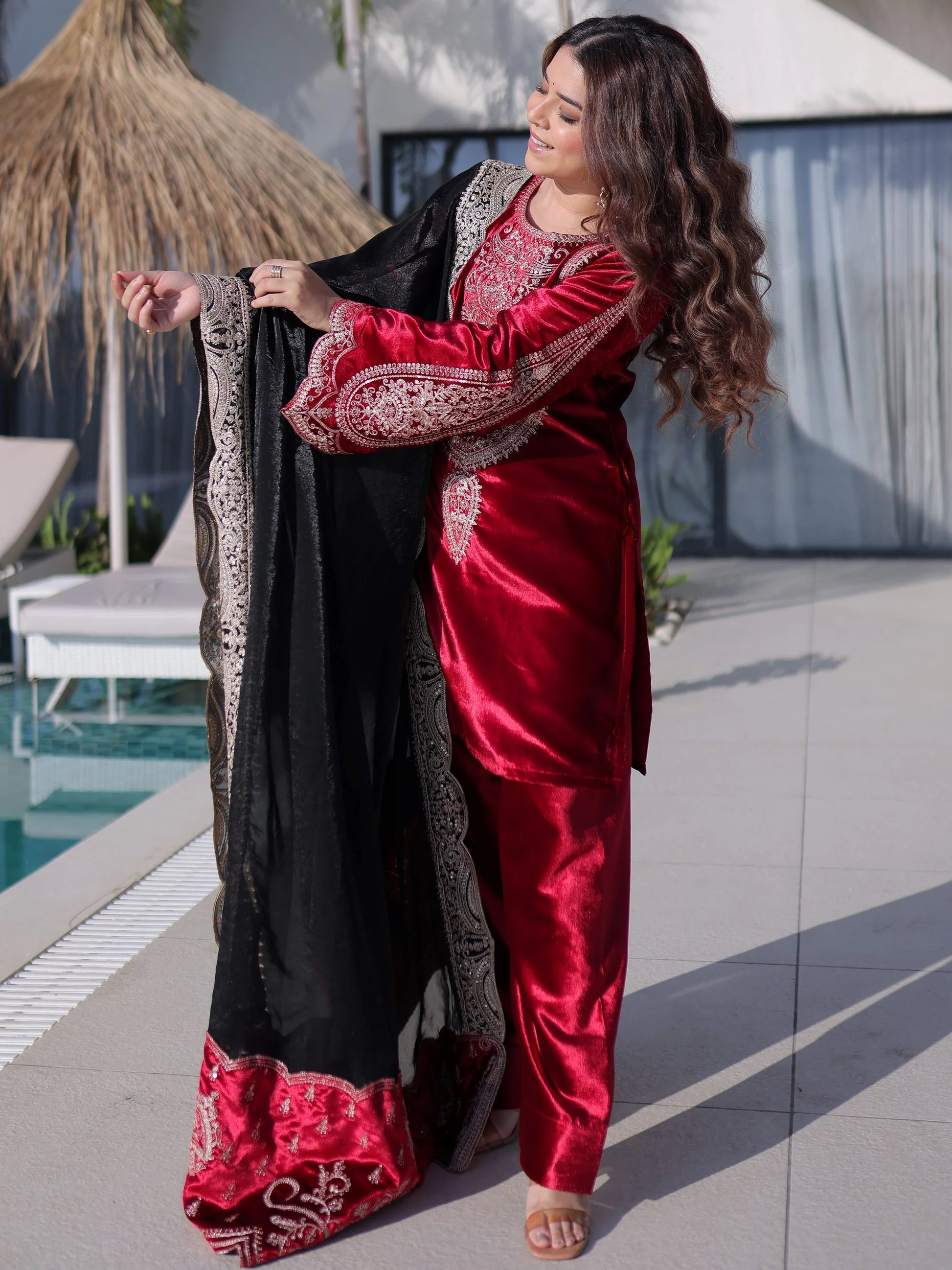 Incredible Red Zari Work Velvet Festive Wear Pant Suit With Dupatta