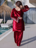 Incredible Red Zari Work Velvet Festive Wear Pant Suit With Dupatta