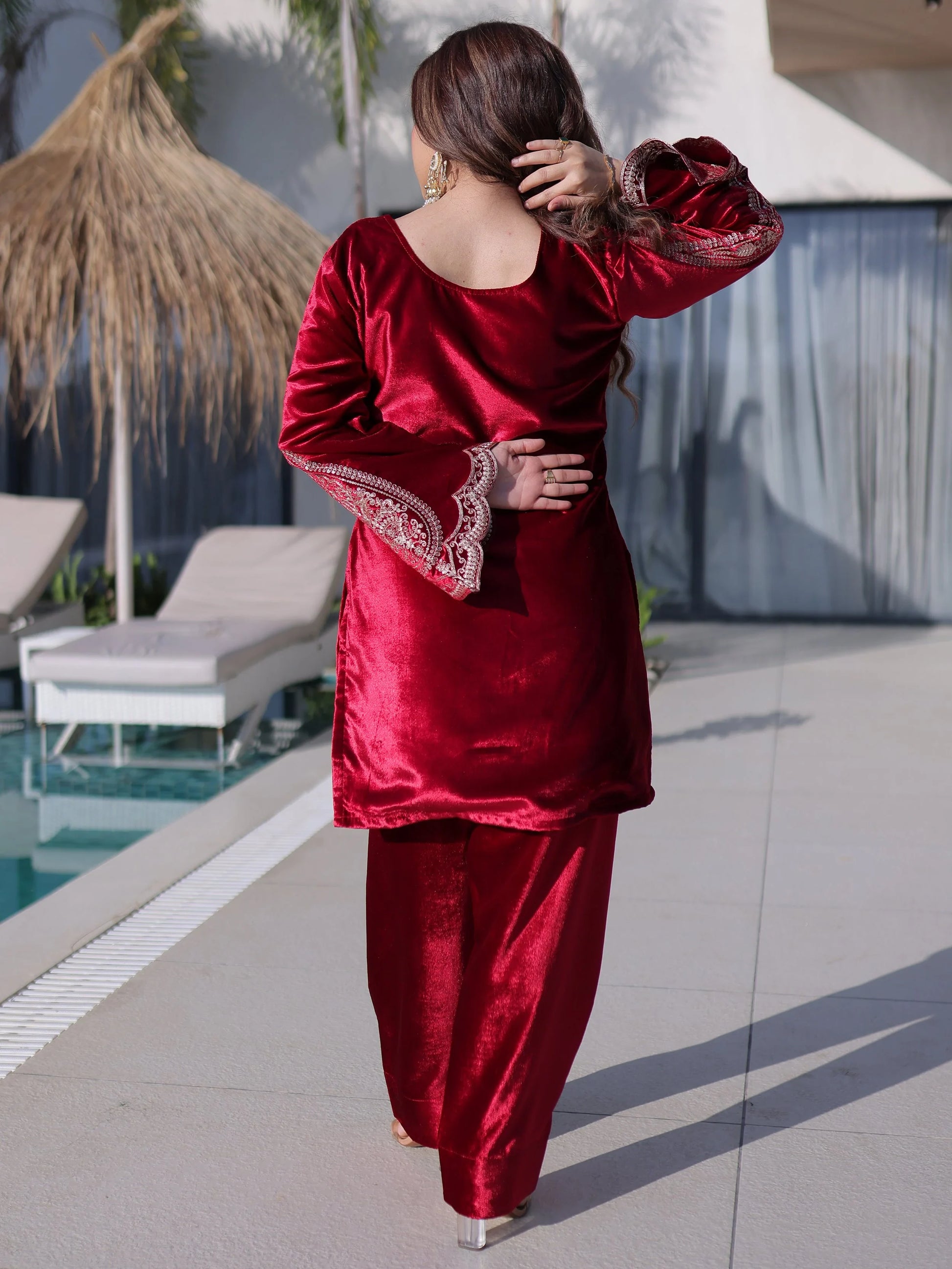 Incredible Red Zari Work Velvet Festive Wear Pant Suit With Dupatta