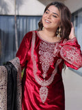 Incredible Red Zari Work Velvet Festive Wear Pant Suit With Dupatta
