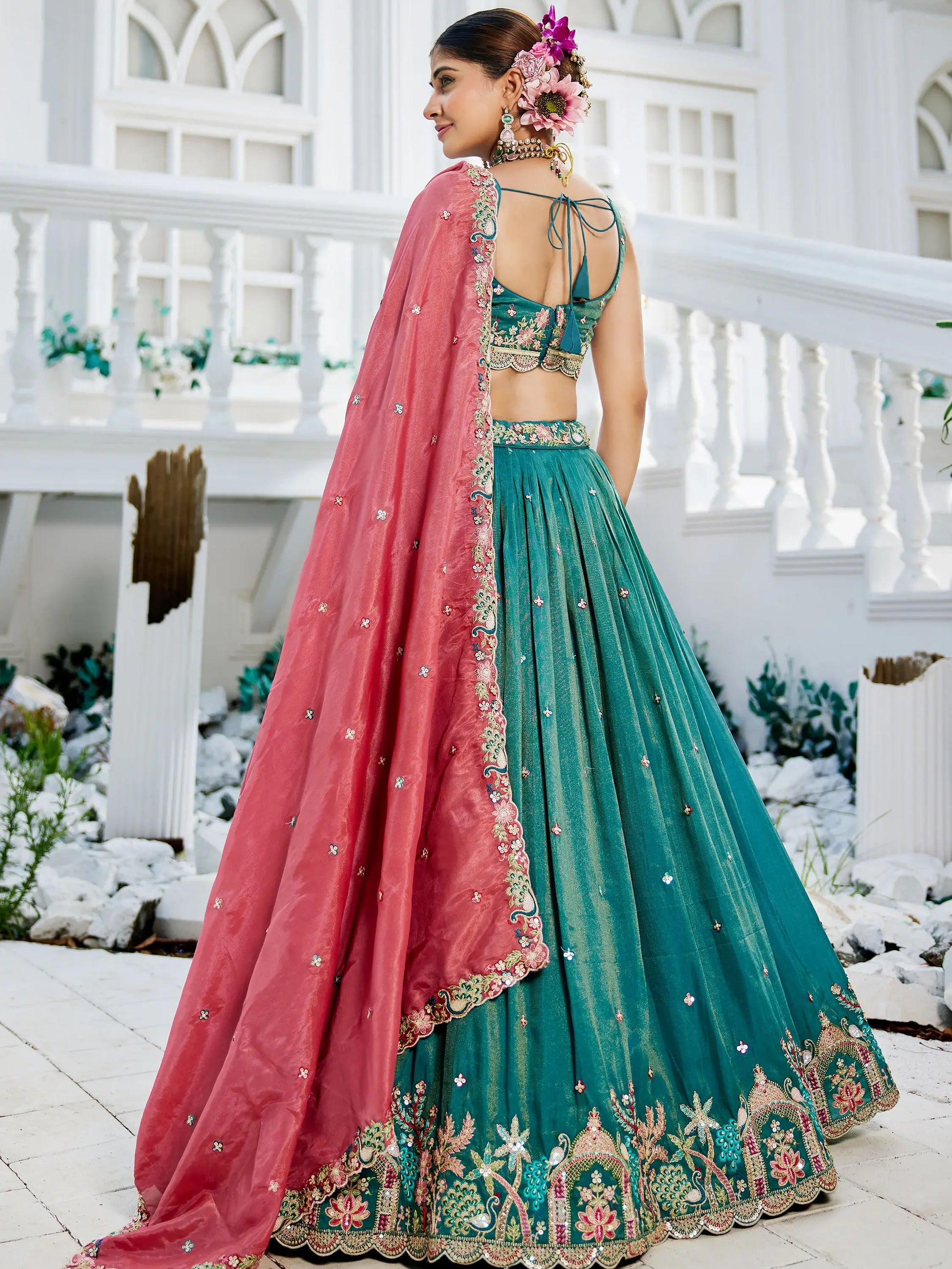 Incredible Sea-Green Sequins Satin Lehenga Choli With Dupatta - Zeel Clothing