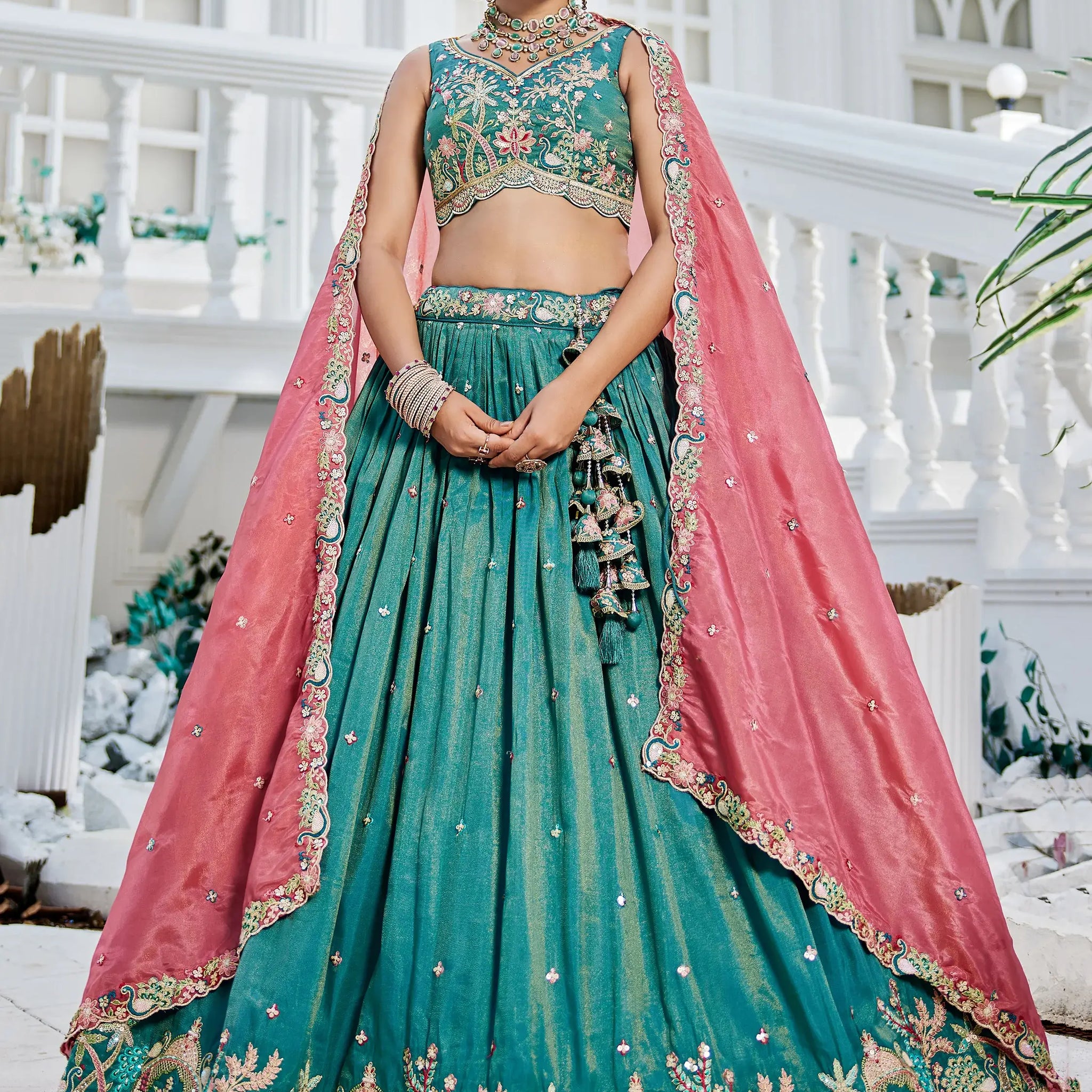 Incredible Sea-Green Sequins Satin Lehenga Choli With Dupatta - Zeel Clothing