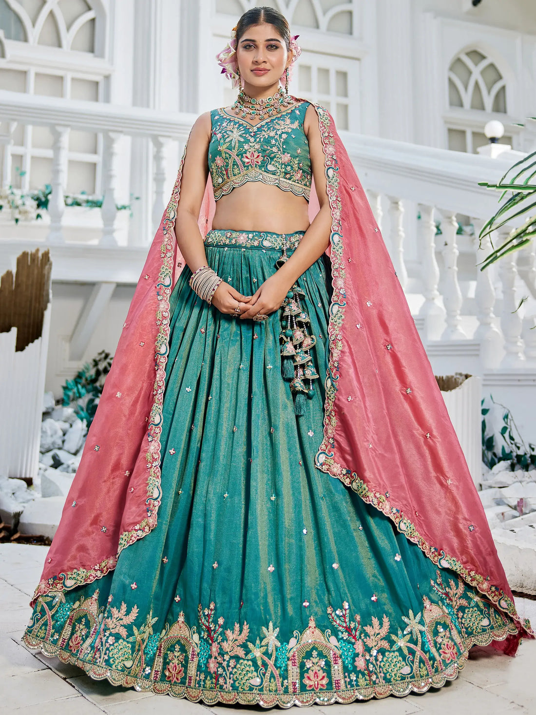Incredible Sea-Green Sequins Satin Lehenga Choli With Dupatta - Zeel Clothing