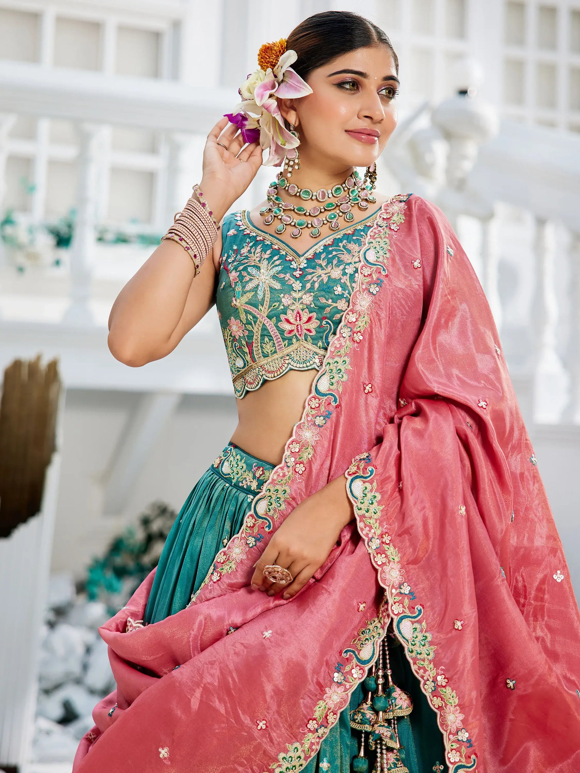 Incredible Sea-Green Sequins Satin Lehenga Choli With Dupatta - Zeel Clothing
