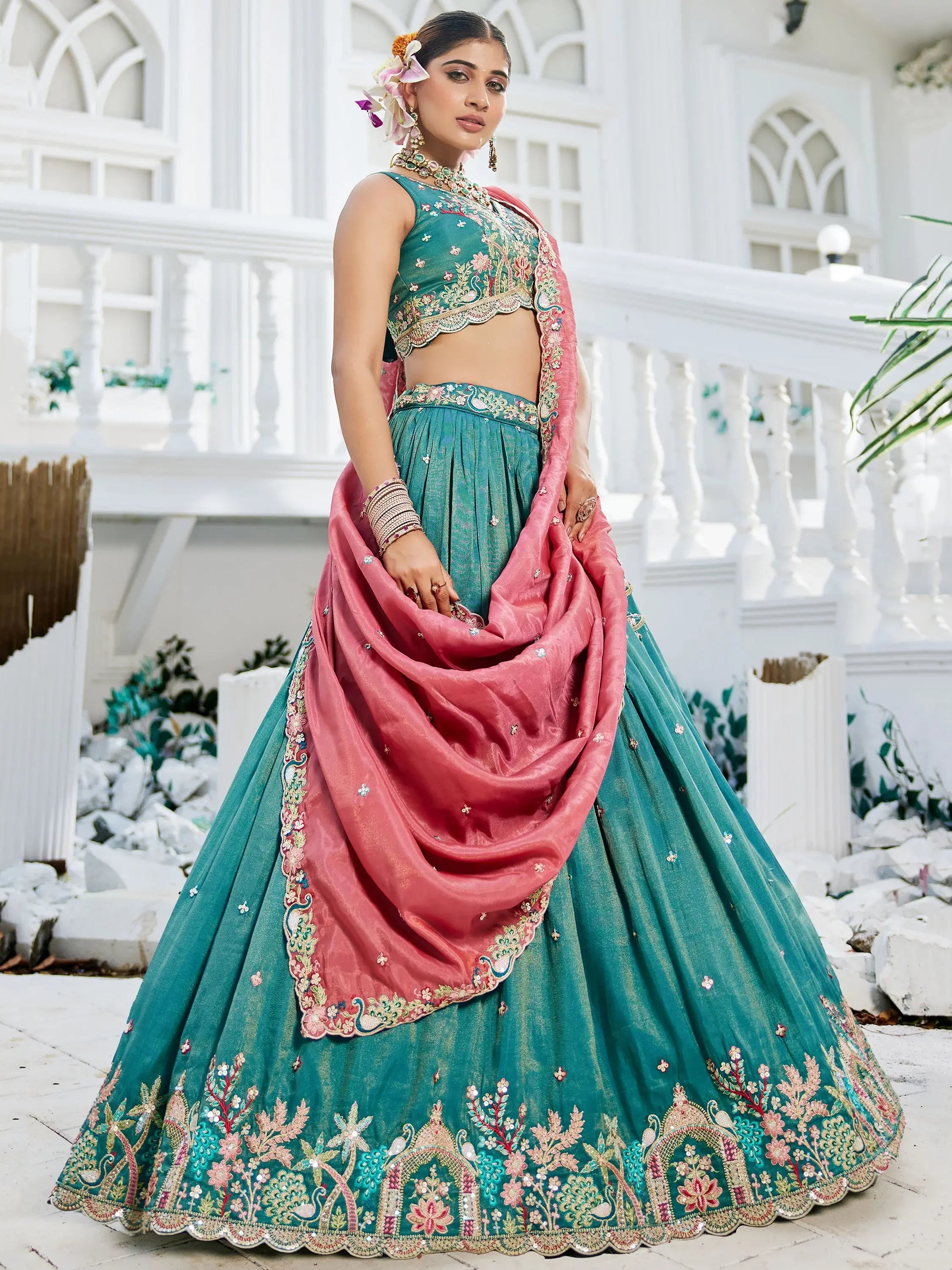 Incredible Sea-Green Sequins Satin Lehenga Choli With Dupatta - Zeel Clothing