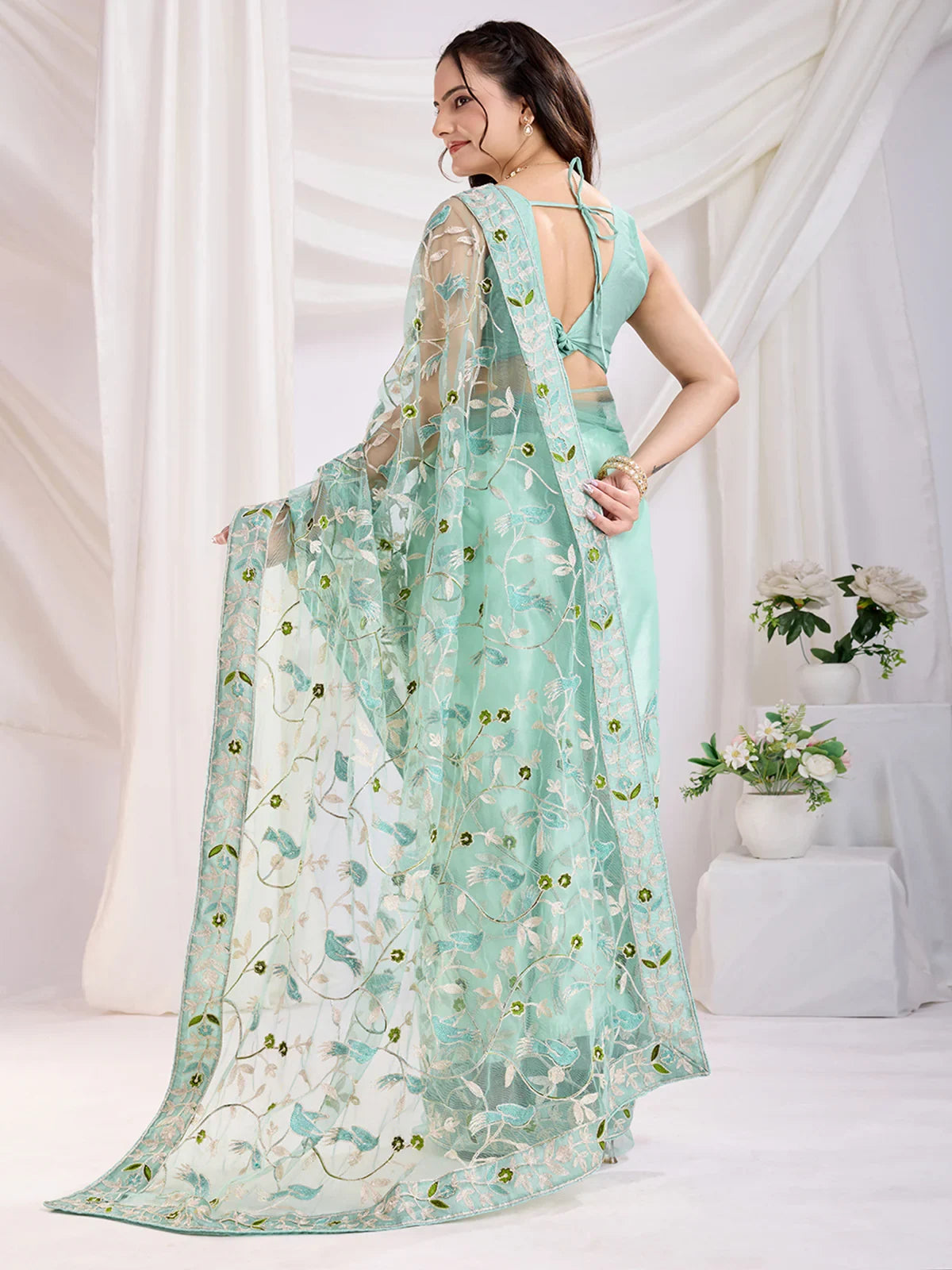 Incredible Sea Green Thread Embroidery Net Designer Saree With Blouse - Zeel Clothing