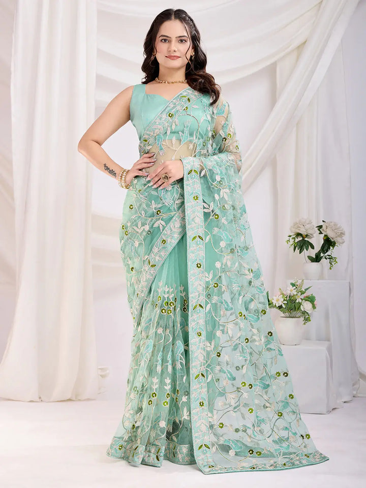 Incredible Sea Green Thread Embroidery Net Designer Saree With Blouse - Zeel Clothing