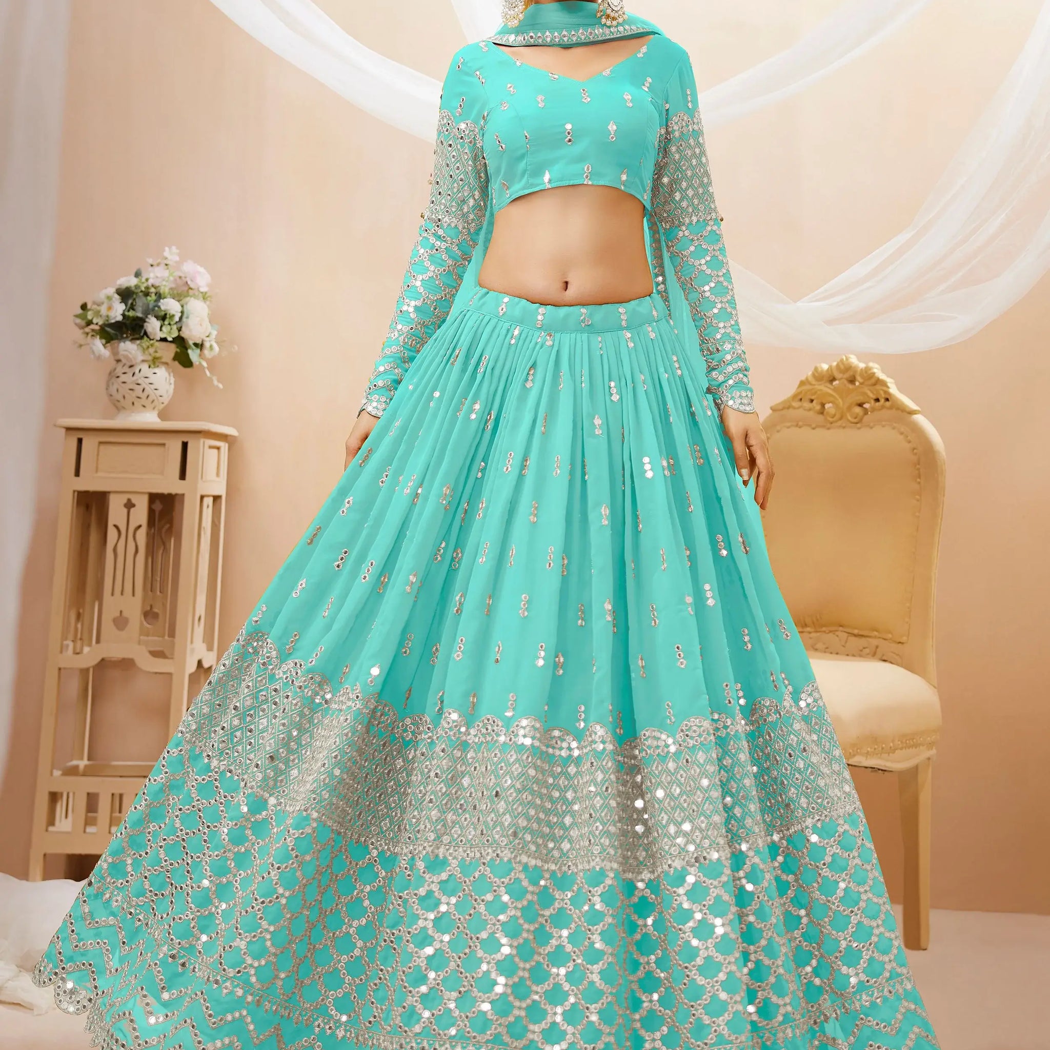 Incredible Sky Blue Sequins Georgette Engagement Wear Lehenga Choli - Zeel Clothing