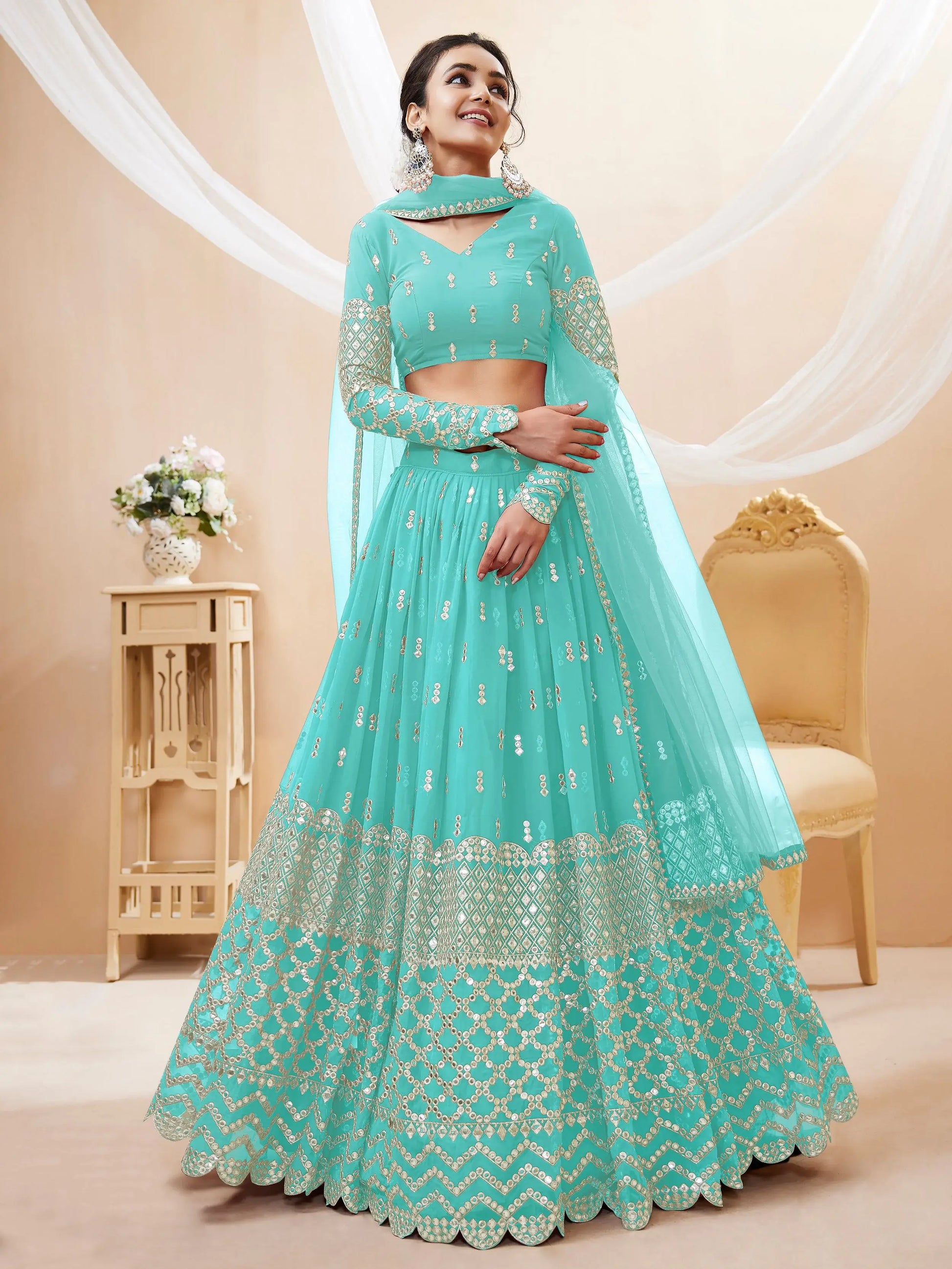 Incredible Sky Blue Sequins Georgette Engagement Wear Lehenga Choli - Zeel Clothing