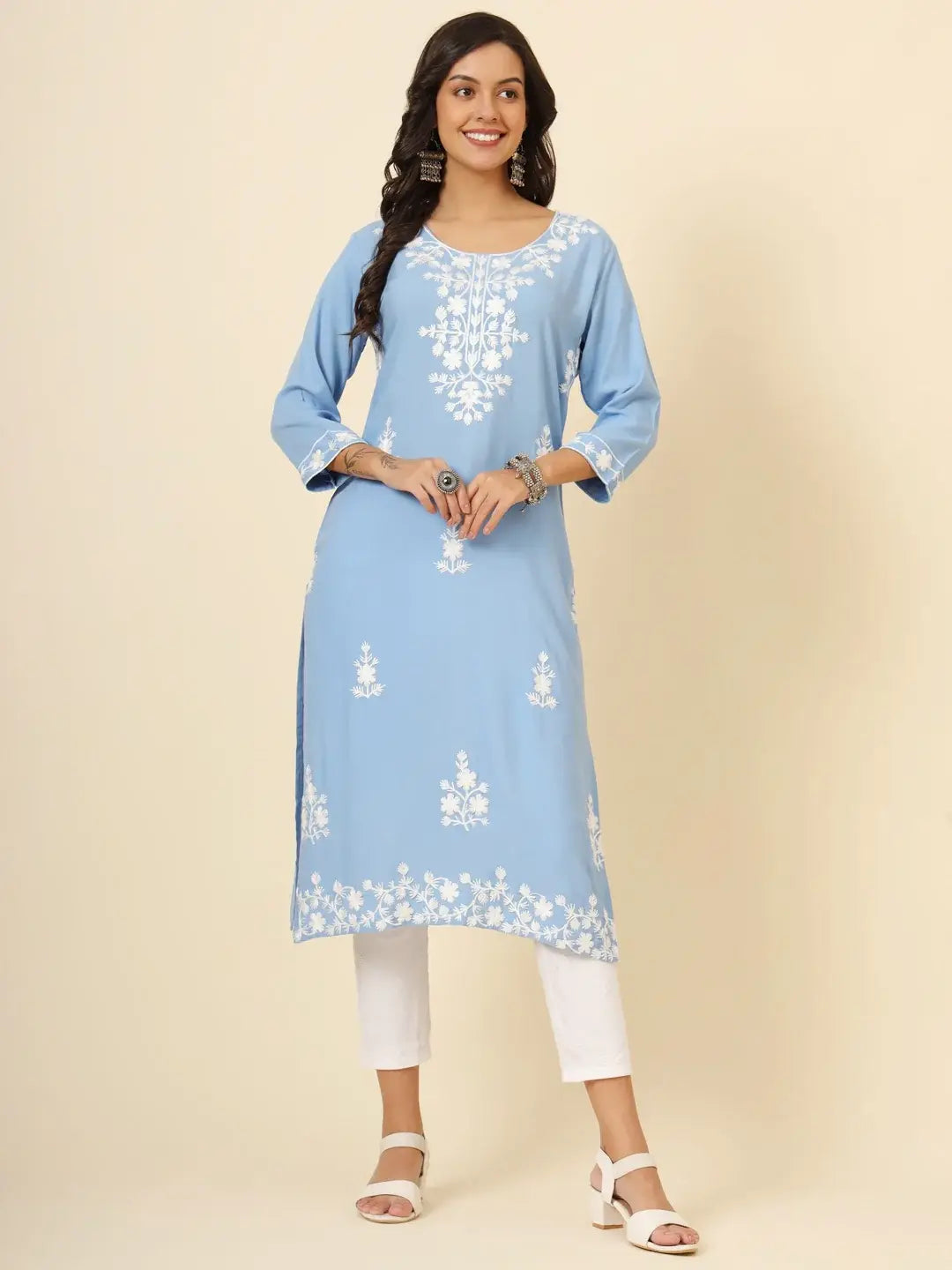 Incredible Sky-Blue Thread Embroidery Rayon Casual Wear Kurti - Zeel Clothing