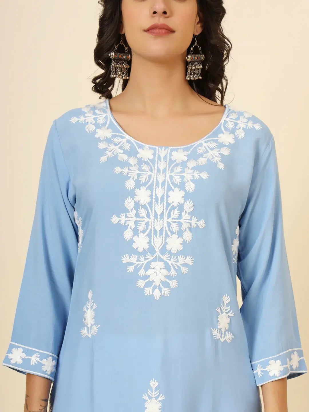 Incredible Sky-Blue Thread Embroidery Rayon Casual Wear Kurti - Zeel Clothing
