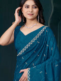 Incredible Teal Blue Jarkan Work Crepe Silk Traditional Saree - Zeel Clothing