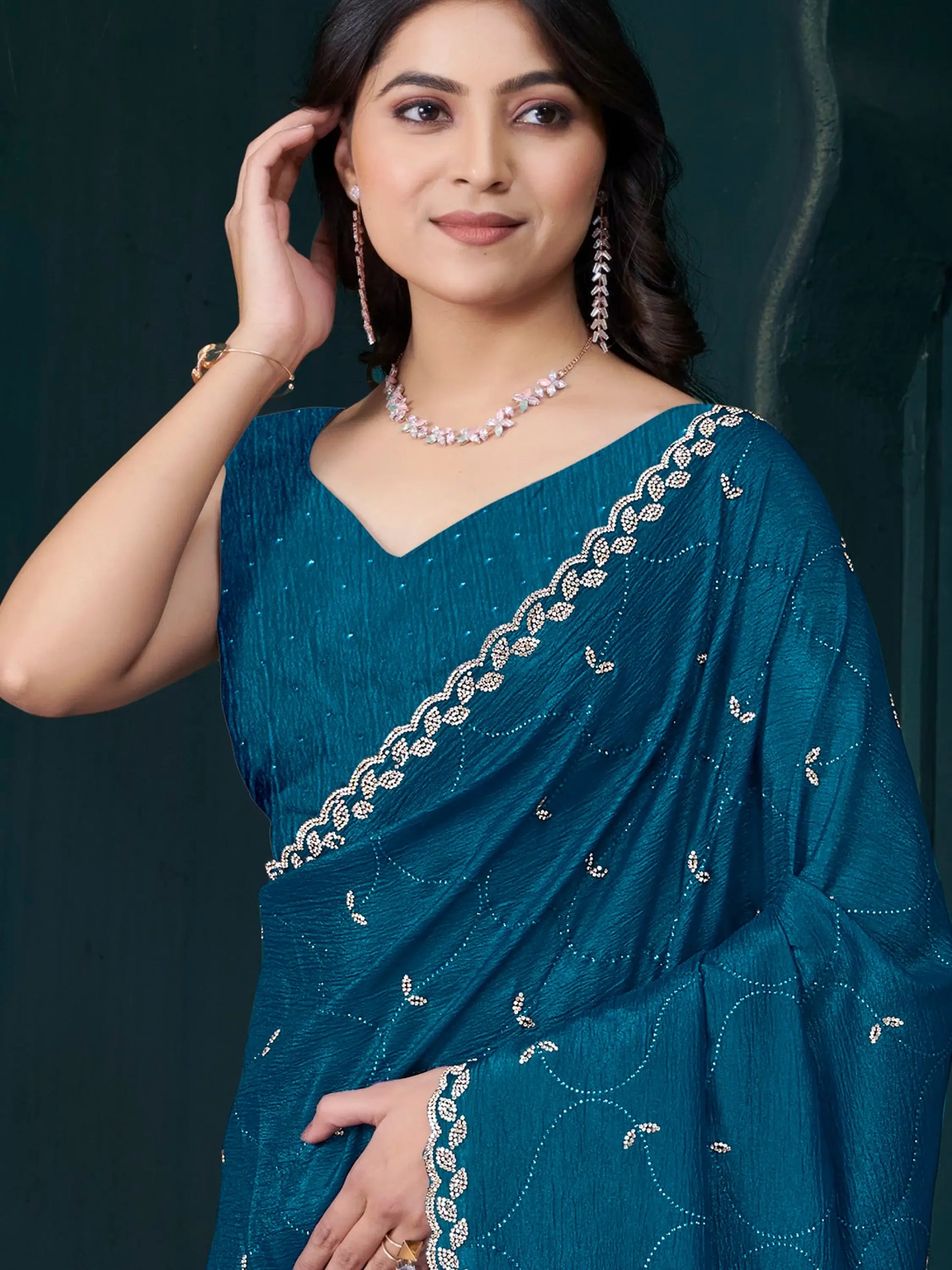 Incredible Teal Blue Jarkan Work Crepe Silk Traditional Saree - Zeel Clothing