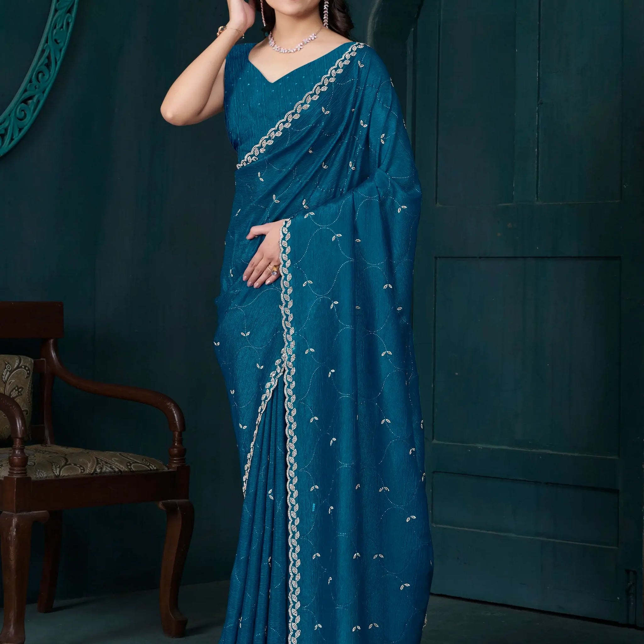 Incredible Teal Blue Jarkan Work Crepe Silk Traditional Saree - Zeel Clothing