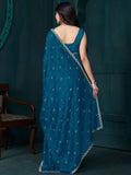 Incredible Teal Blue Jarkan Work Crepe Silk Traditional Saree - Zeel Clothing