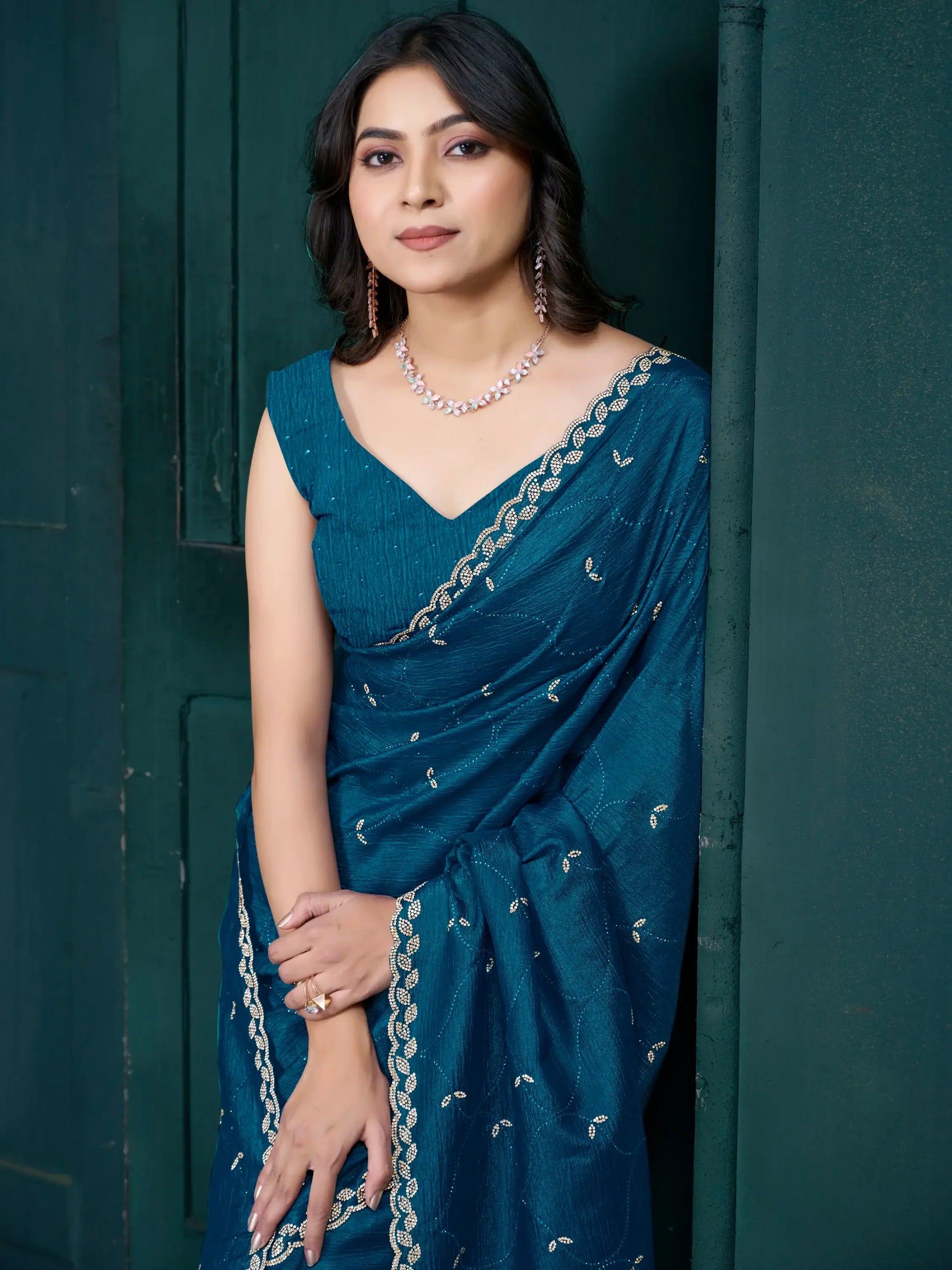 Incredible Teal Blue Jarkan Work Crepe Silk Traditional Saree - Zeel Clothing