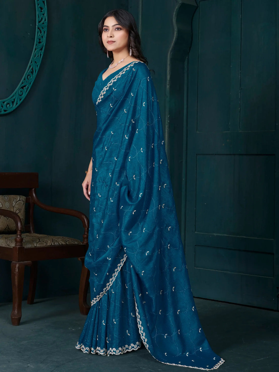 Incredible Teal Blue Jarkan Work Crepe Silk Traditional Saree - Zeel Clothing
