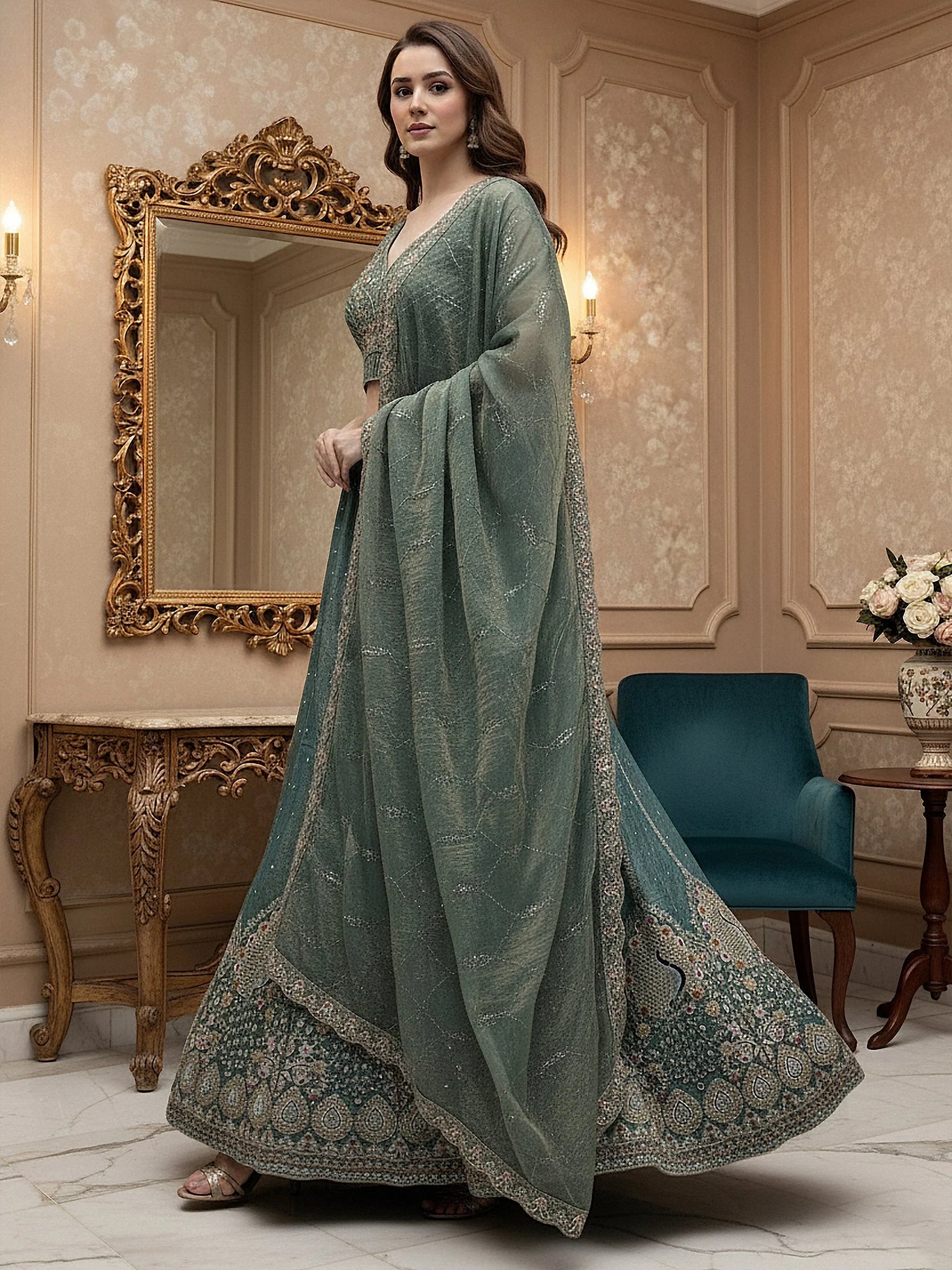 Incredible Teal Blue Thread Embroidered Silk Wedding Lehenga Choli With Dupatta