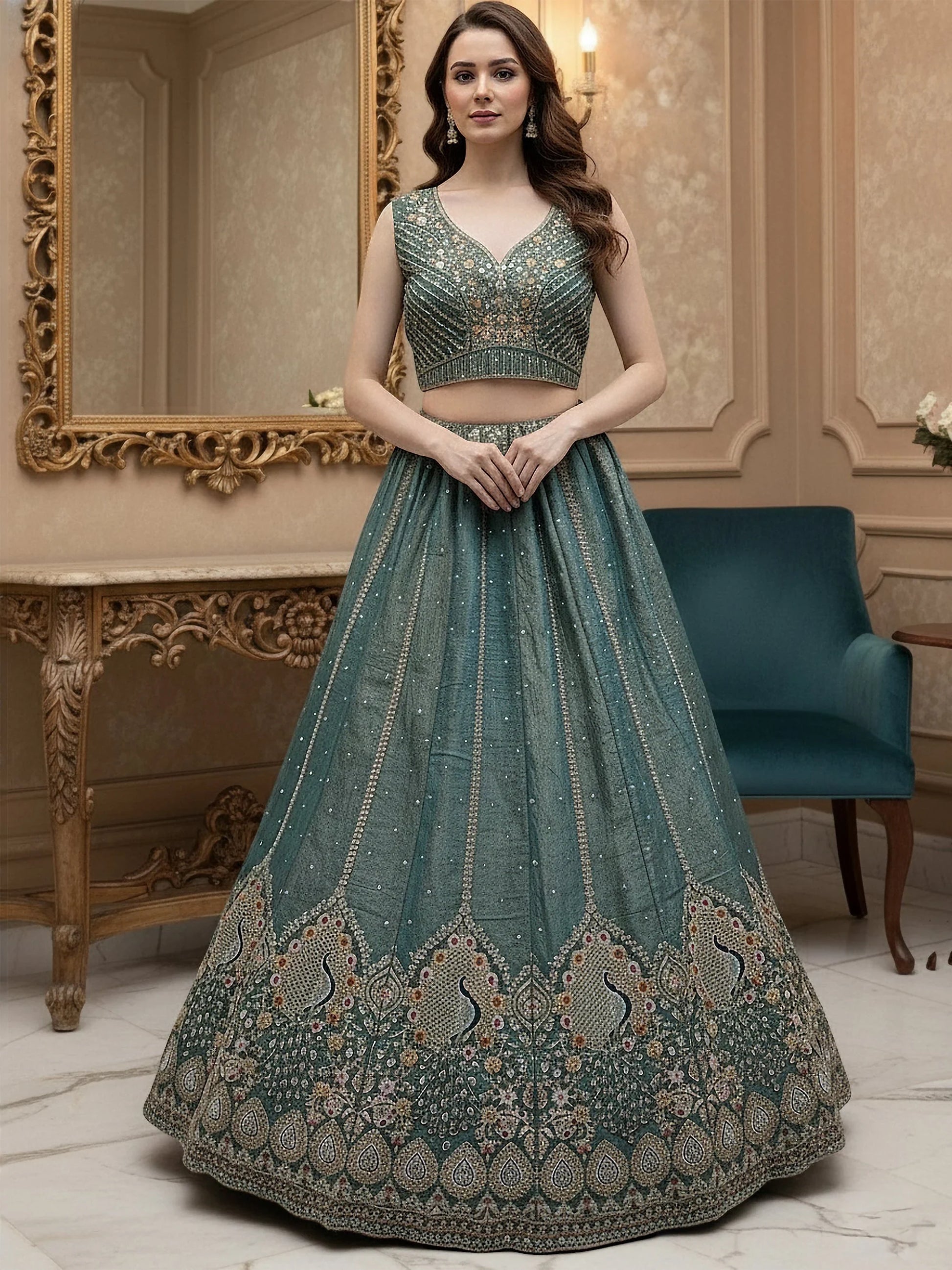 Incredible Teal Blue Thread Embroidered Silk Wedding Lehenga Choli With Dupatta