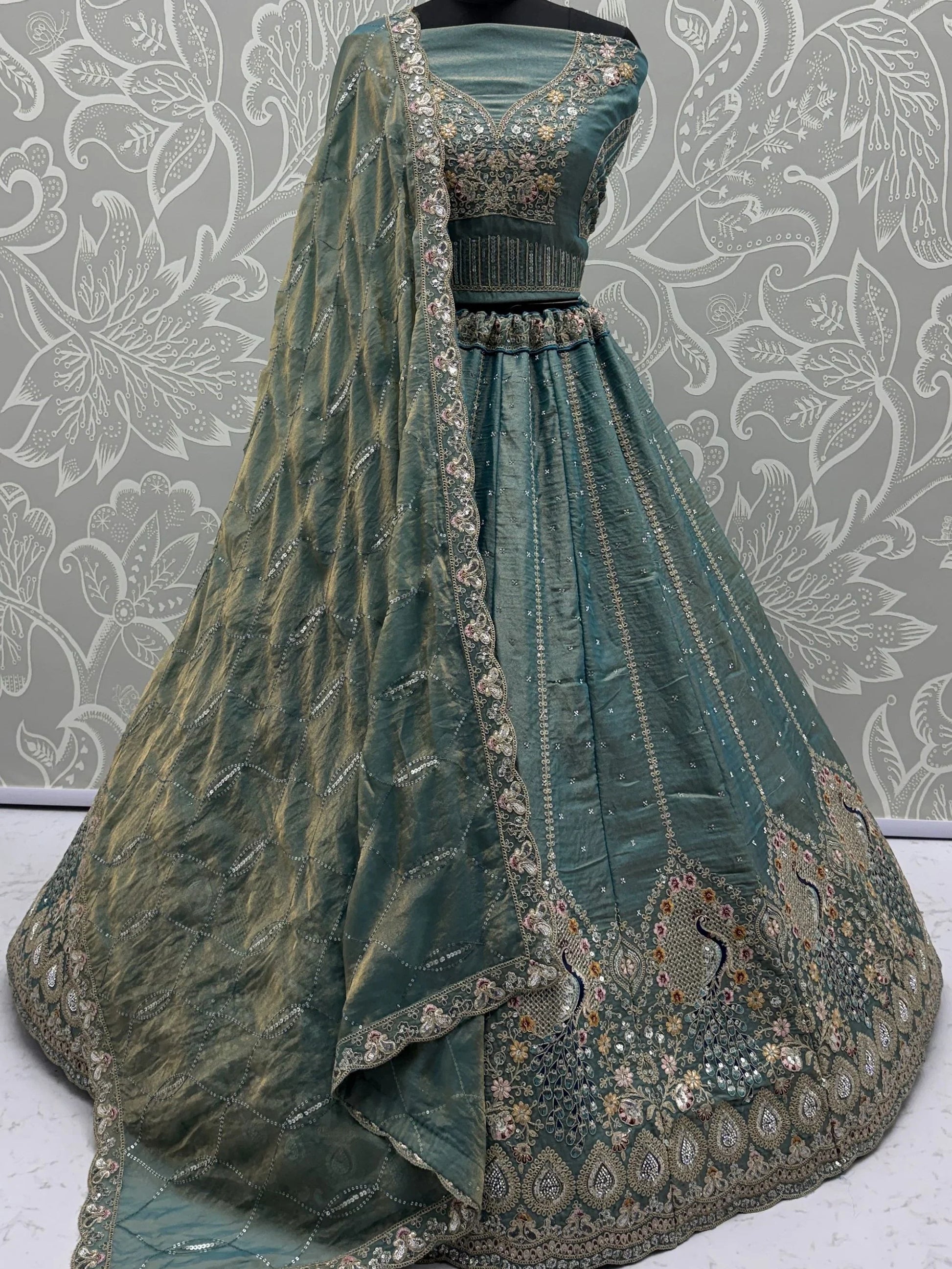 Incredible Teal Blue Thread Embroidered Silk Wedding Lehenga Choli With Dupatta