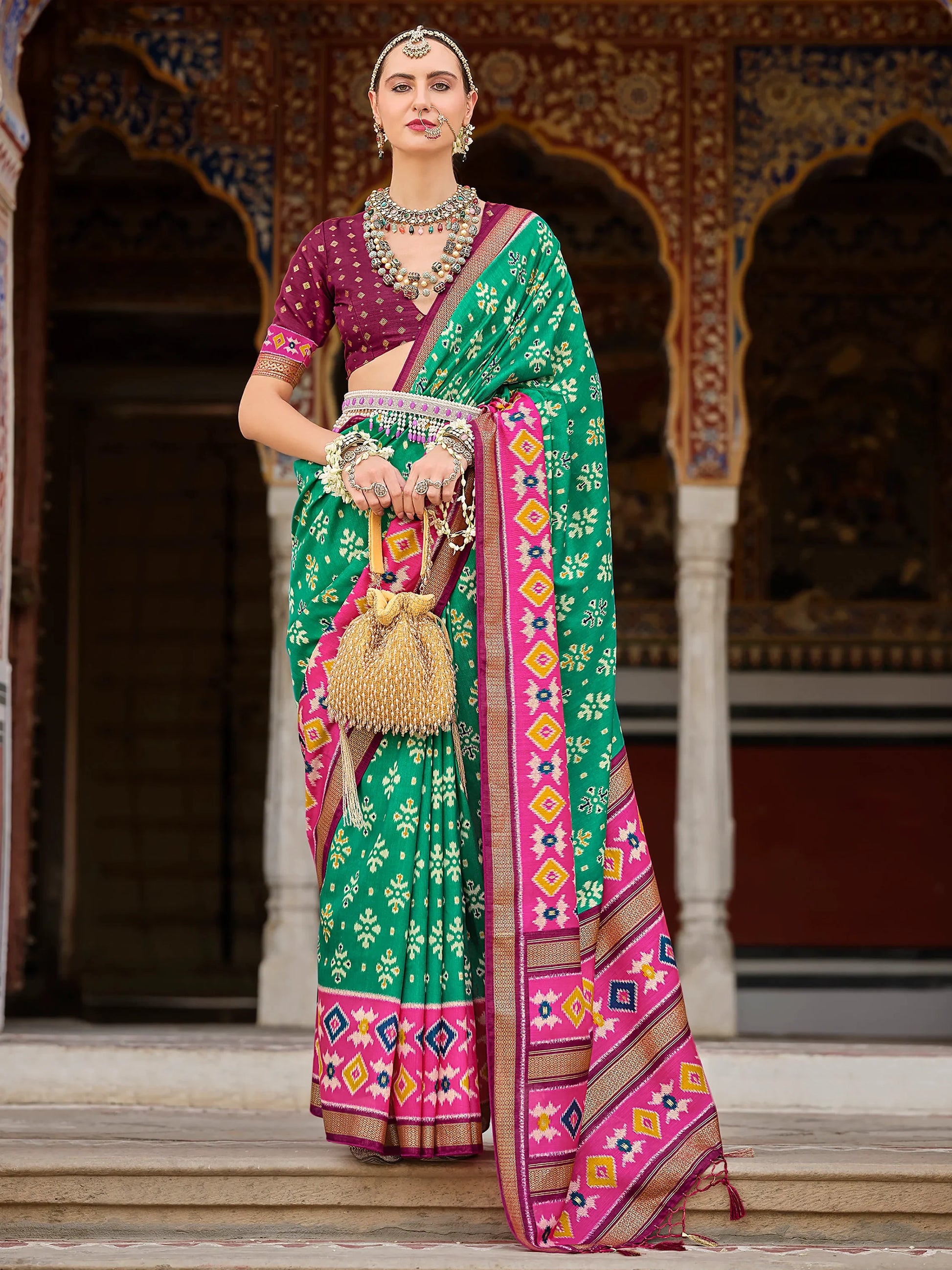 Incredible Teal Green Printed Silk Festival Wear Saree With Blouse - Zeel Clothing