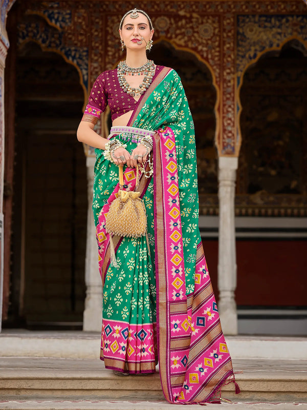 Incredible Teal Green Printed Silk Festival Wear Saree With Blouse - Zeel Clothing