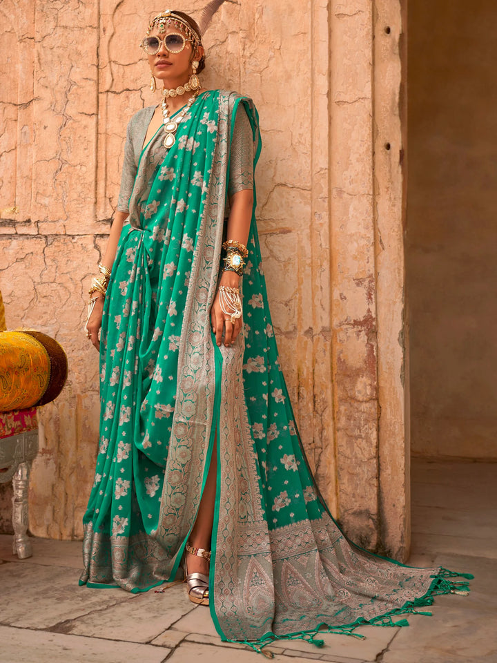 Incredible Teal Green Zari Weaving Georgette Traditional Saree - Zeel Clothing
