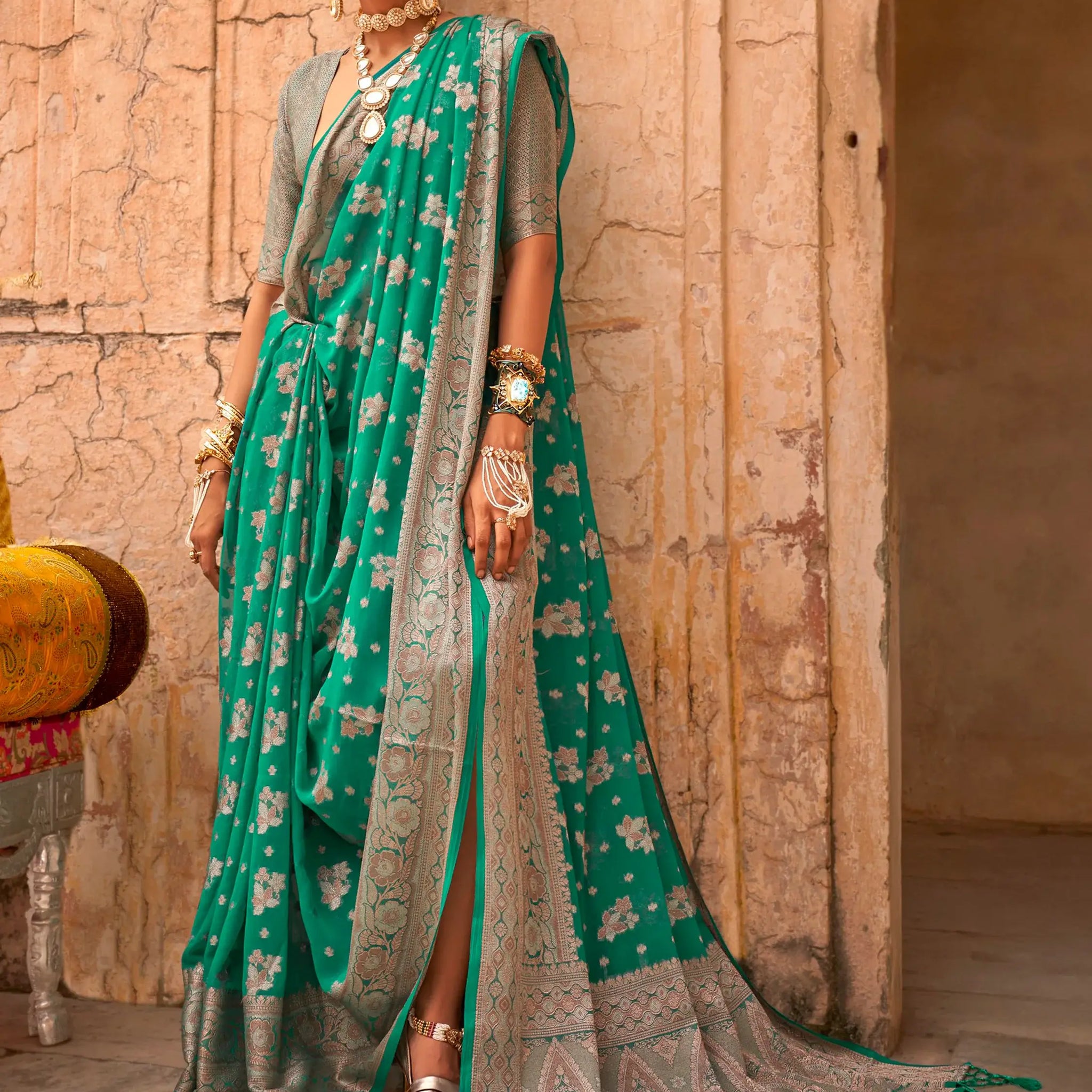 Incredible Teal Green Zari Weaving Georgette Traditional Saree - Zeel Clothing