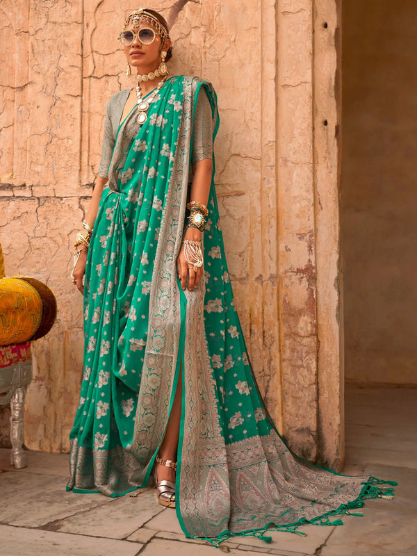 Incredible Teal Green Zari Weaving Georgette Traditional Saree - Zeel Clothing
