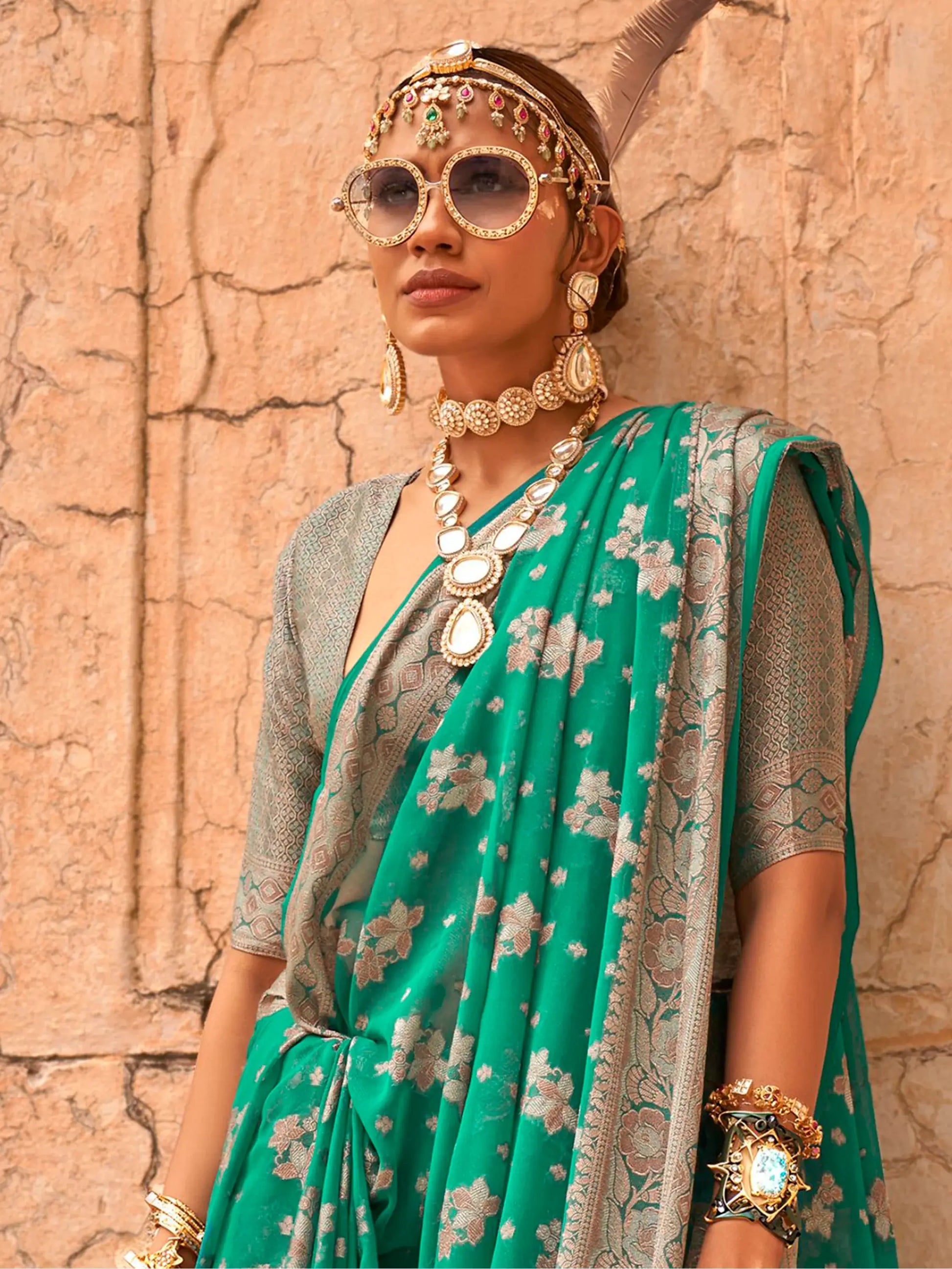 Incredible Teal Green Zari Weaving Georgette Traditional Saree - Zeel Clothing