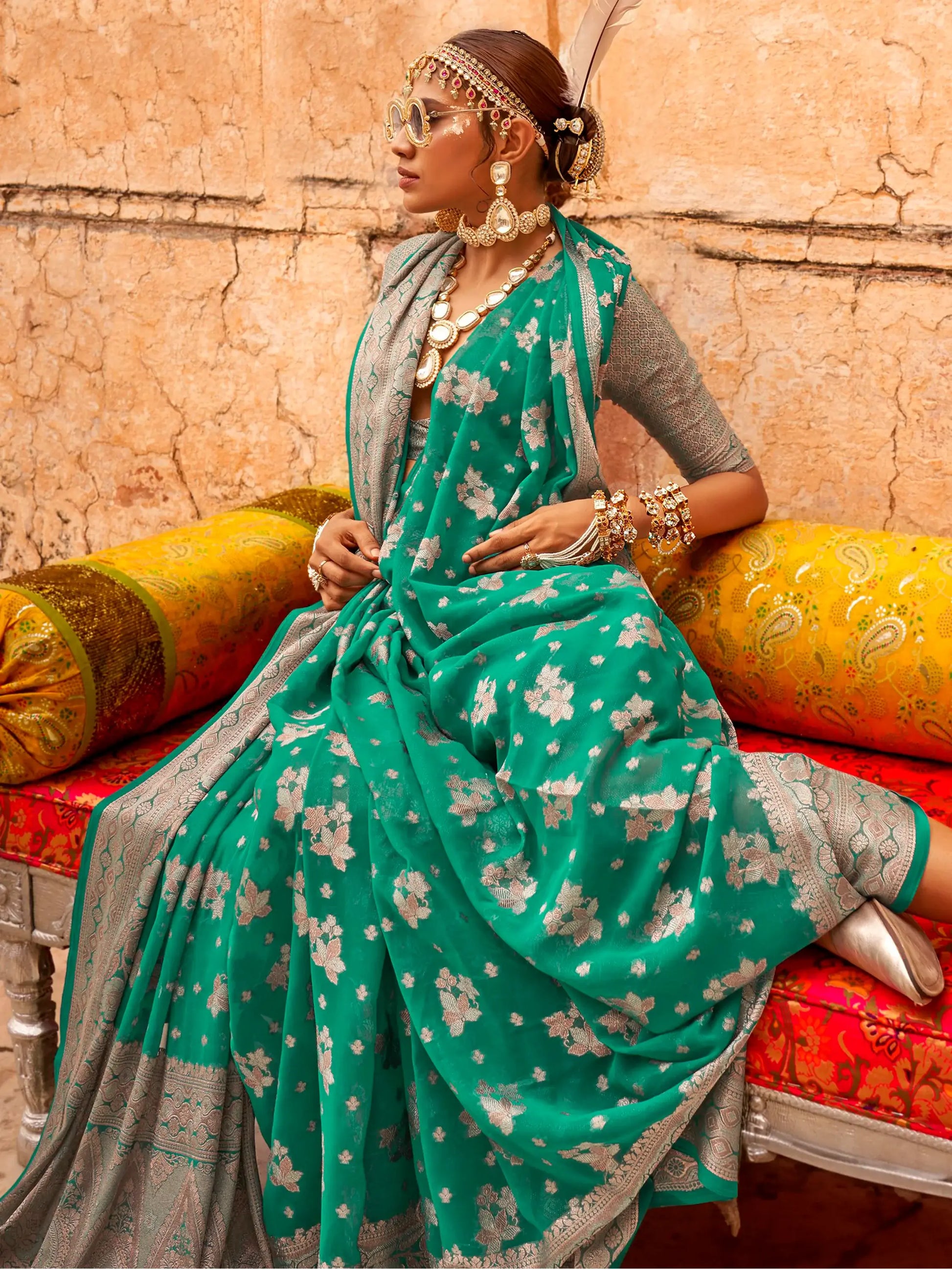 Incredible Teal Green Zari Weaving Georgette Traditional Saree - Zeel Clothing