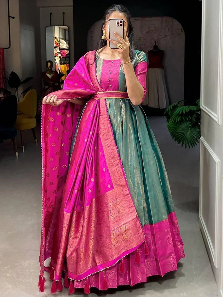 Incredible Teal Green Zari Weaving Silk Traditional Gown With Dupatta