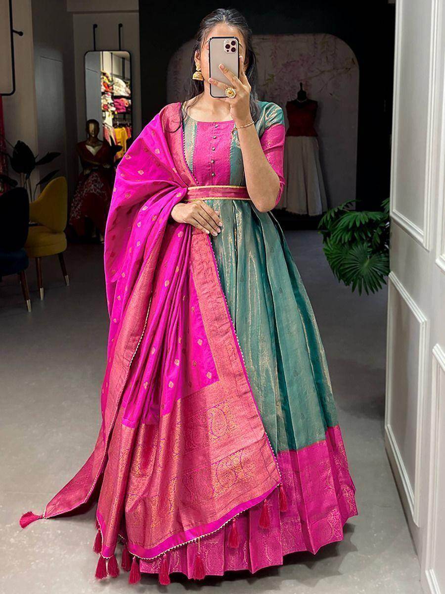 Incredible Teal Green Zari Weaving Silk Traditional Gown With Dupatta - Zeel Clothing