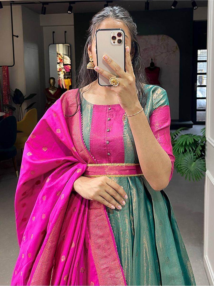 Incredible Teal Green Zari Weaving Silk Traditional Gown With Dupatta - Zeel Clothing