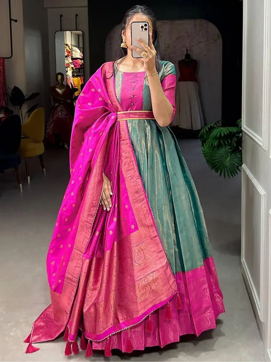 Incredible Teal Green Zari Weaving Silk Traditional Gown With Dupatta - Zeel Clothing