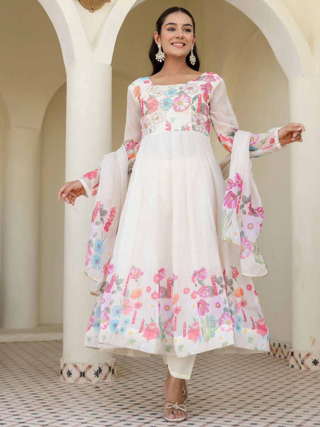 Incredible White Floral Printed Organza Traditional Pant Suit - Zeel Clothing