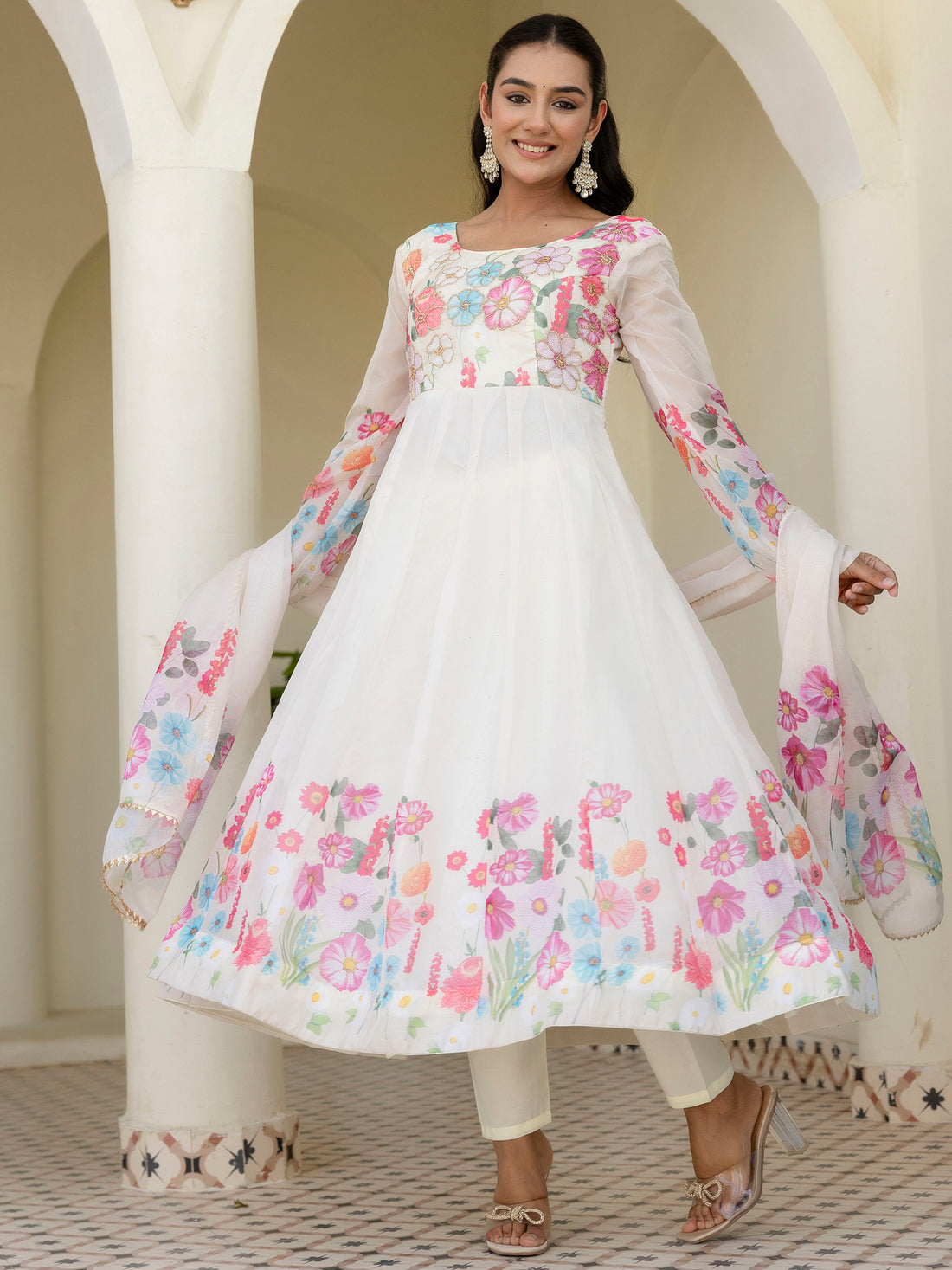Incredible White Floral Printed Organza Traditional Pant Suit - Zeel Clothing