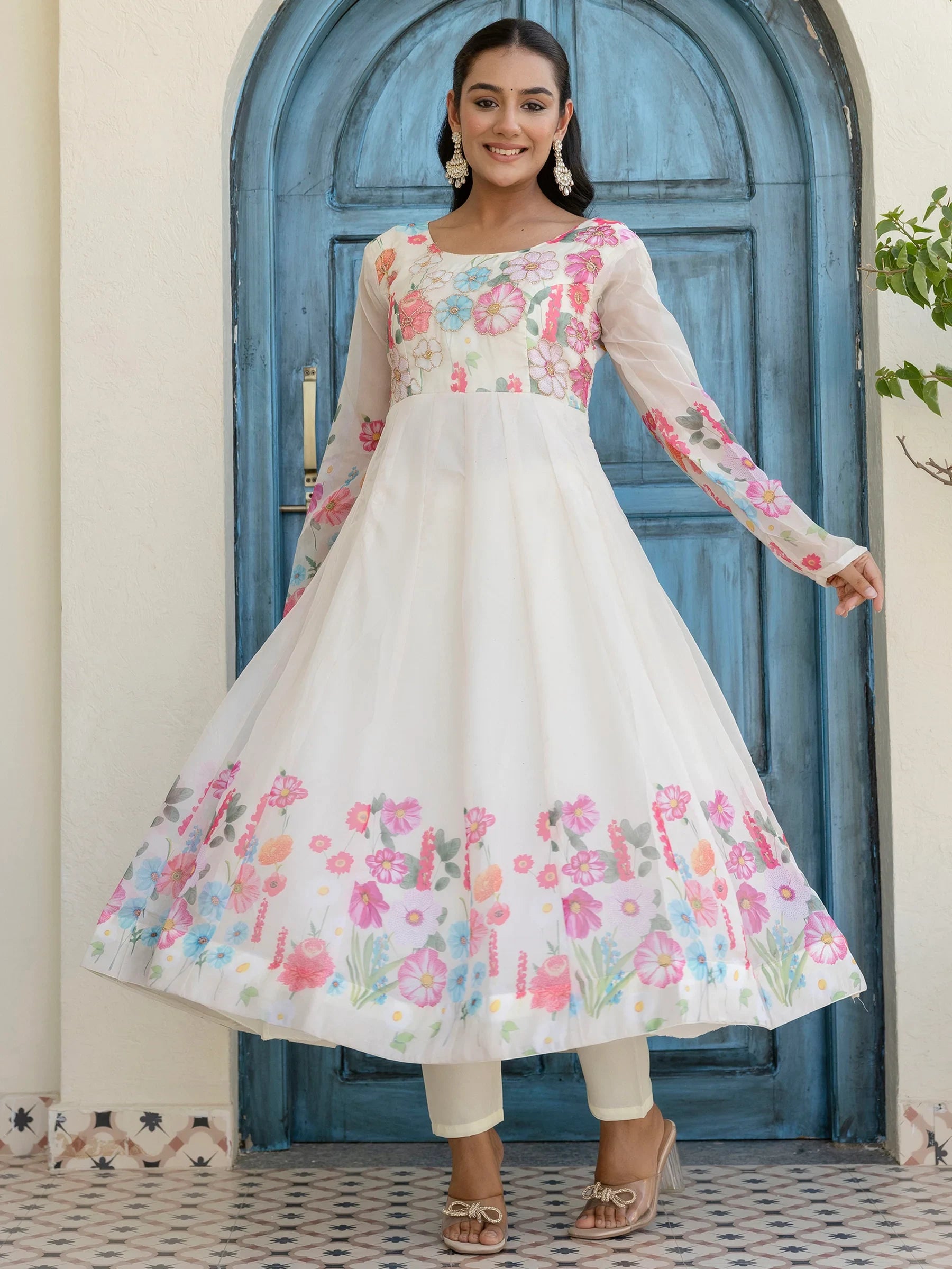 Incredible White Floral Printed Organza Traditional Pant Suit - Zeel Clothing