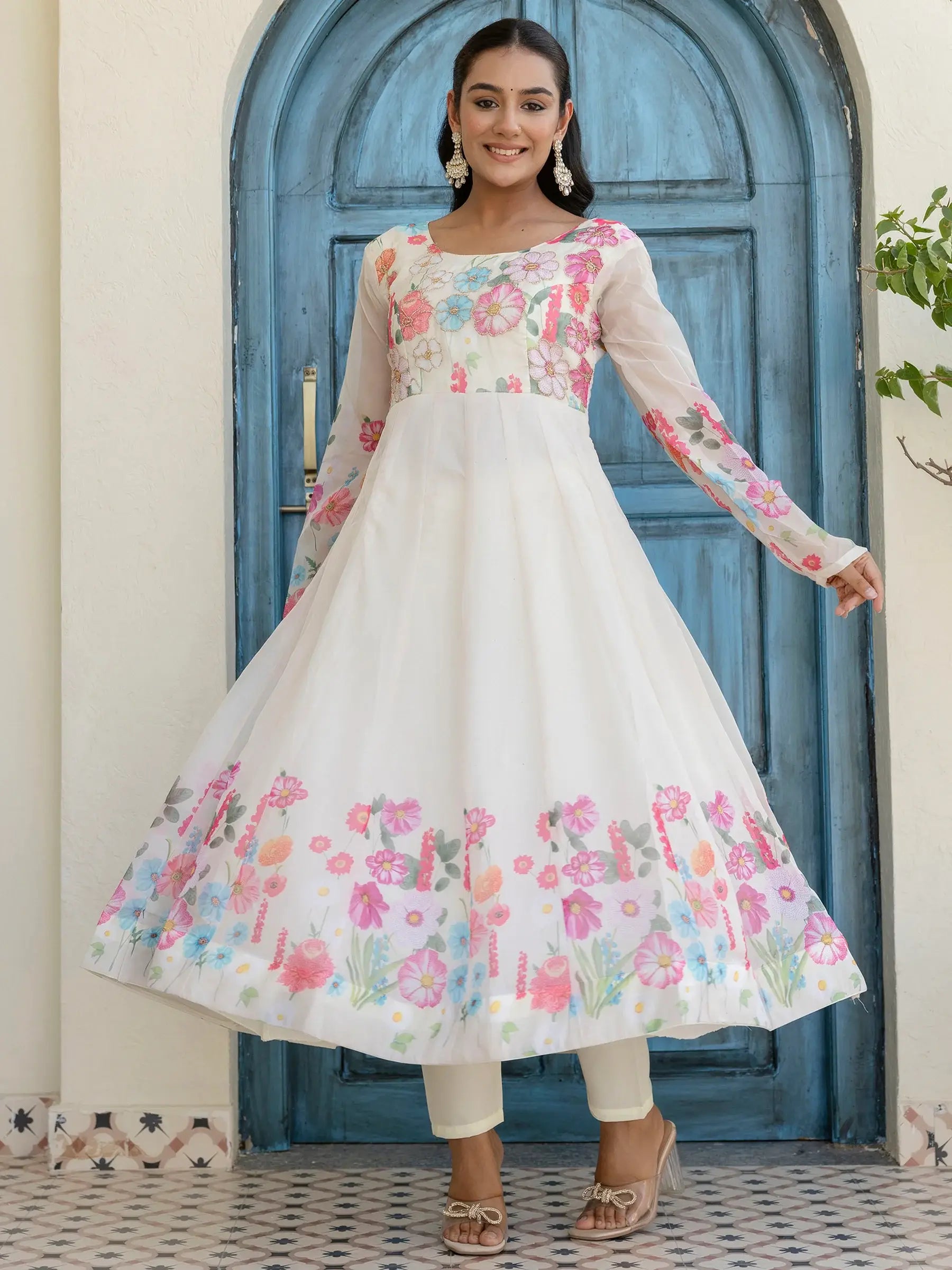 Incredible White Floral Printed Organza Traditional Pant Suit - Zeel Clothing
