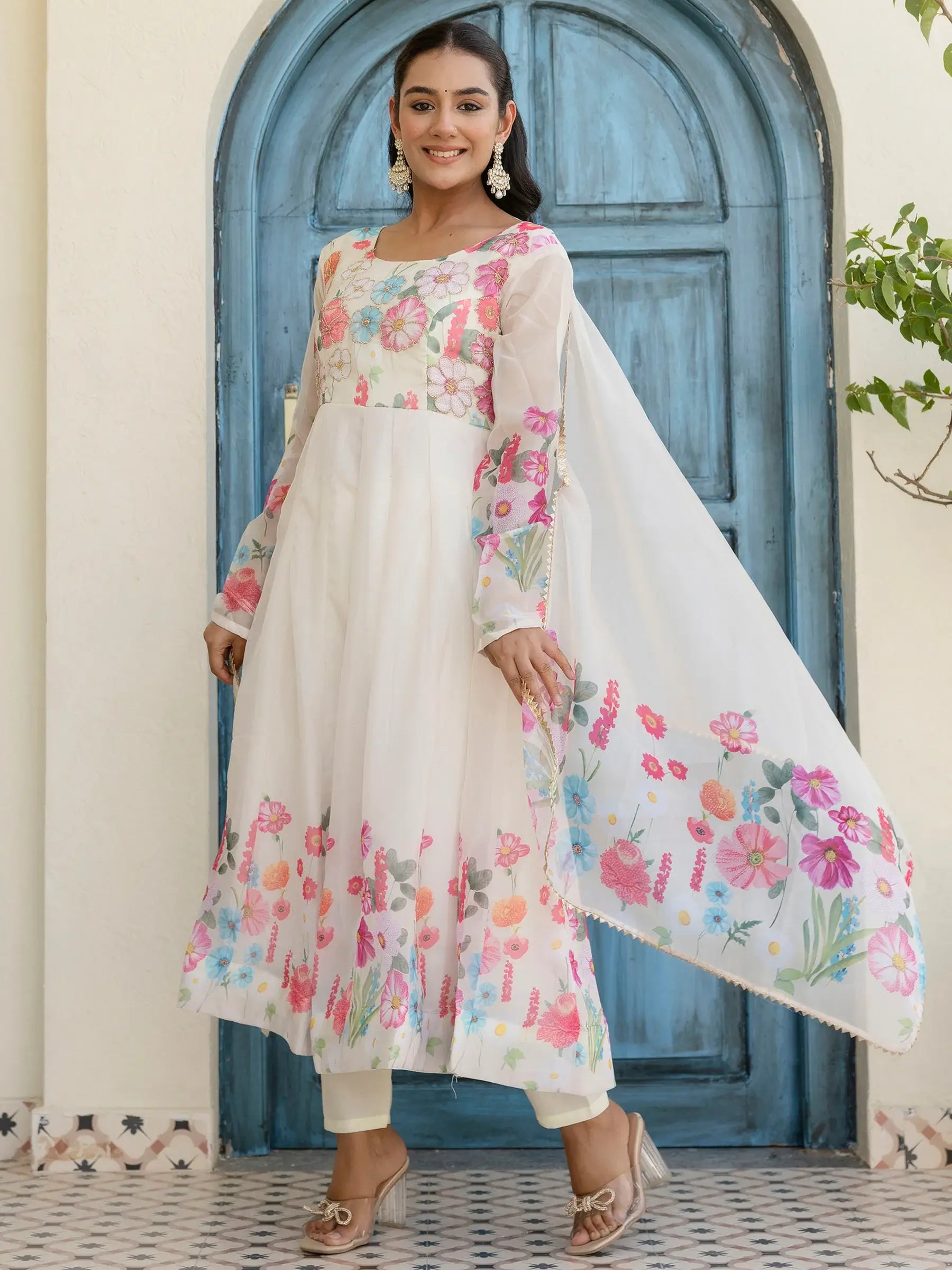 Incredible White Floral Printed Organza Traditional Pant Suit - Zeel Clothing