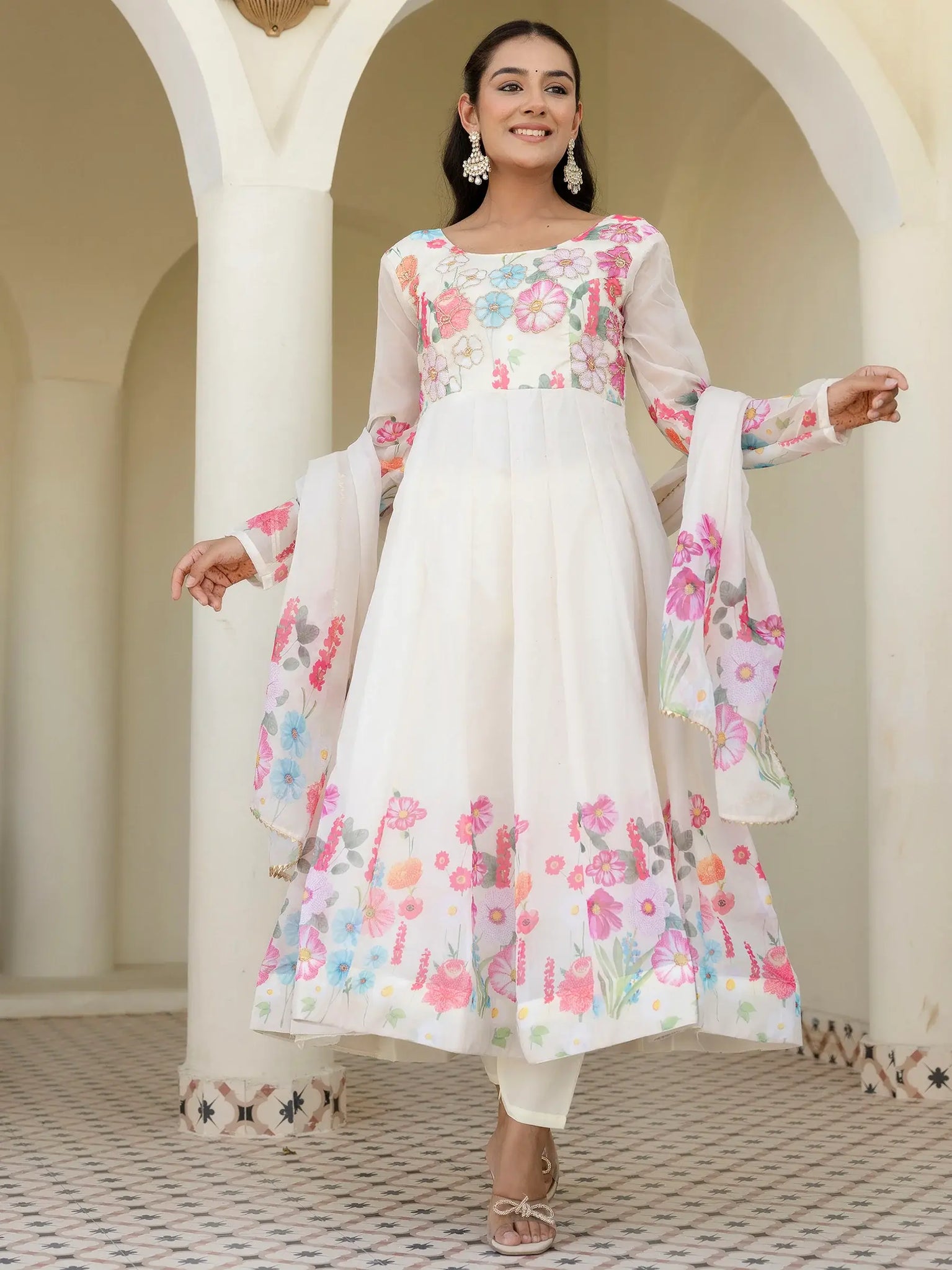 Incredible White Floral Printed Organza Traditional Pant Suit - Zeel Clothing