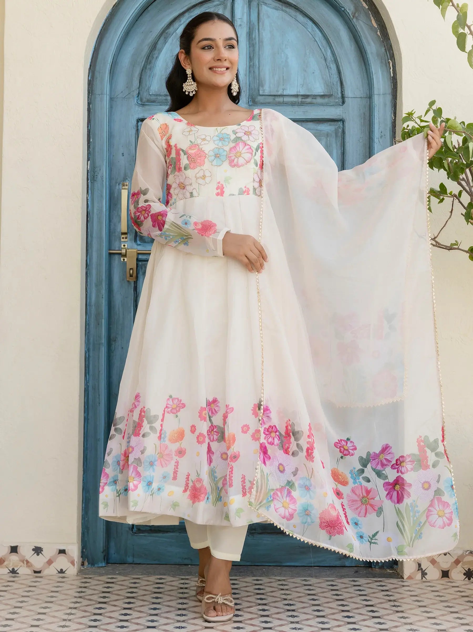 Incredible White Floral Printed Organza Traditional Pant Suit - Zeel Clothing