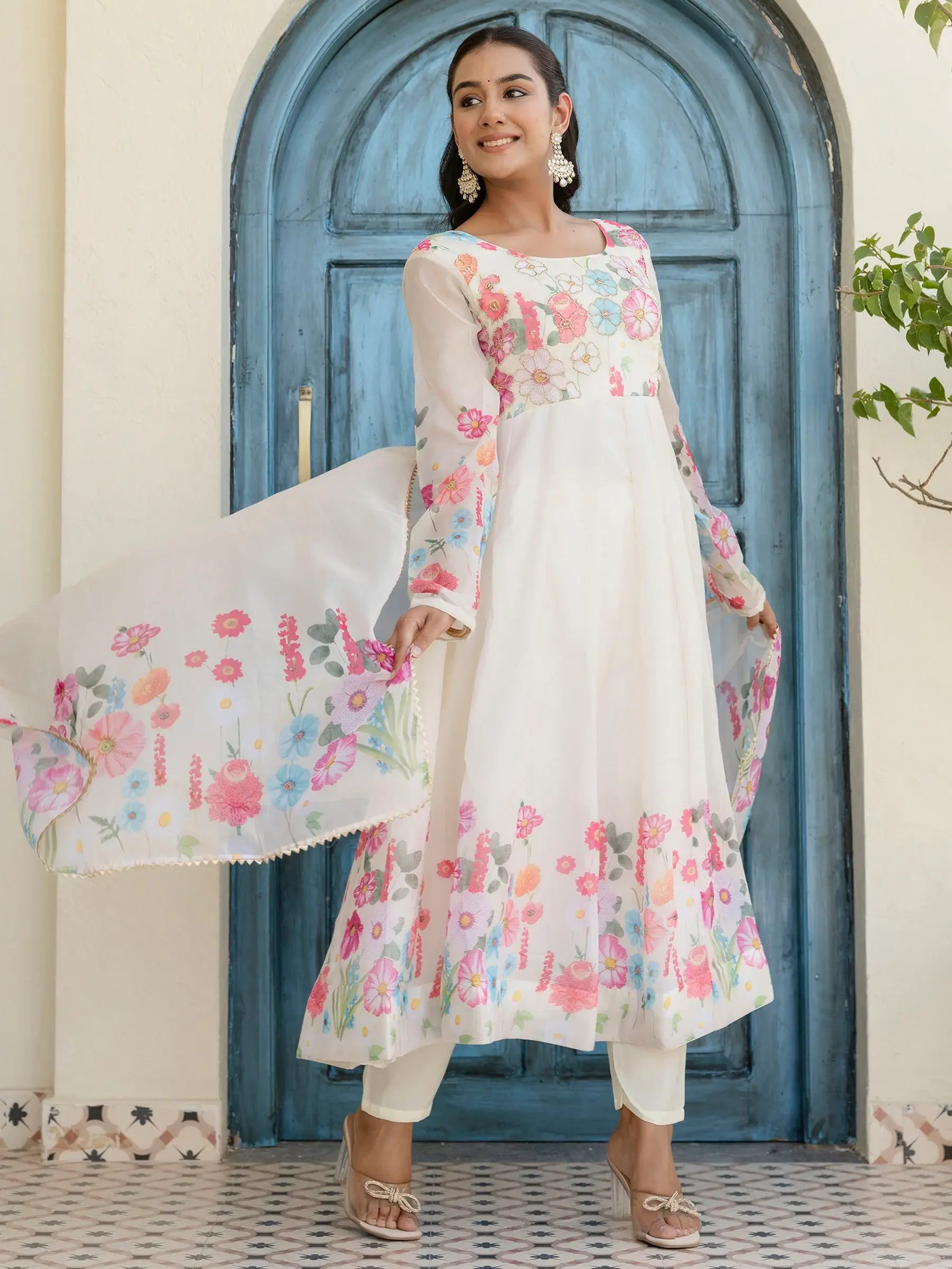 Incredible White Floral Printed Organza Traditional Pant Suit - Zeel Clothing
