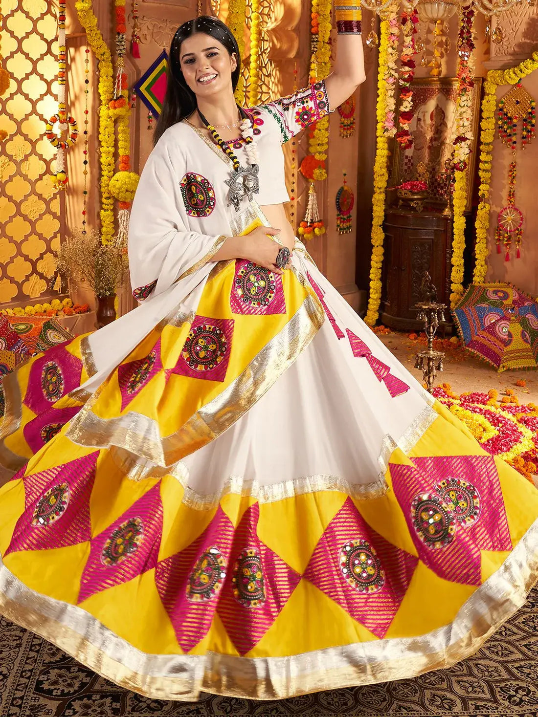 Incredible White Jacquard Patch Work Cotton Navratri Wear Lehenga Choli - Zeel Clothing