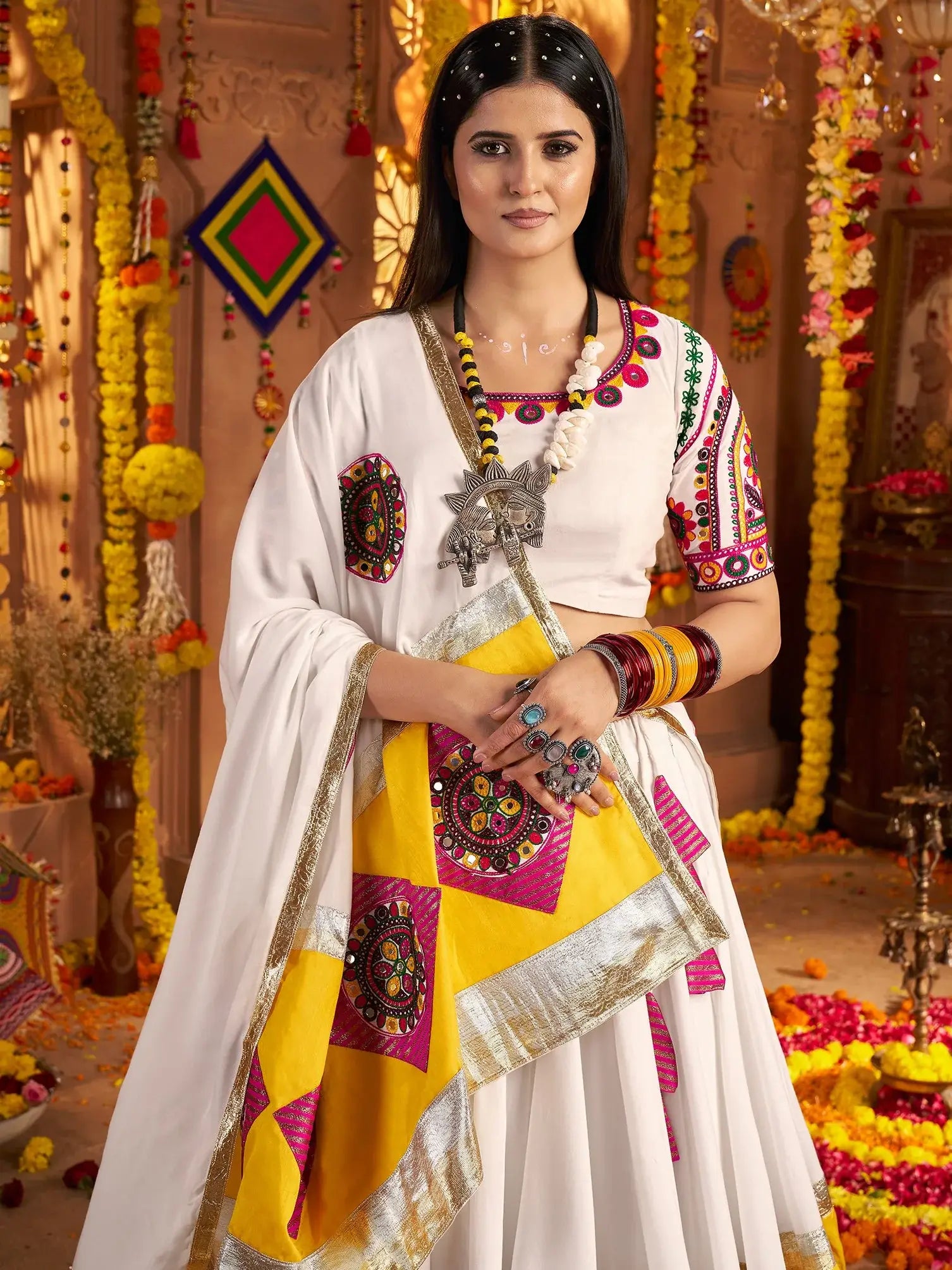 Incredible White Jacquard Patch Work Cotton Navratri Wear Lehenga Choli - Zeel Clothing