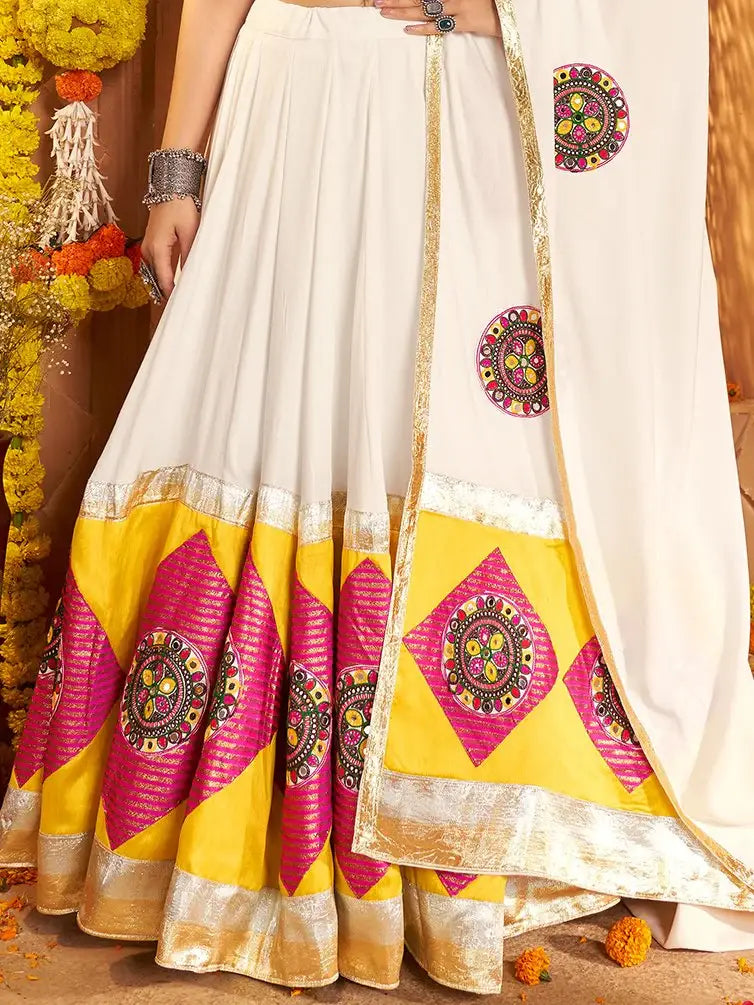 Incredible White Jacquard Patch Work Cotton Navratri Wear Lehenga Choli - Zeel Clothing