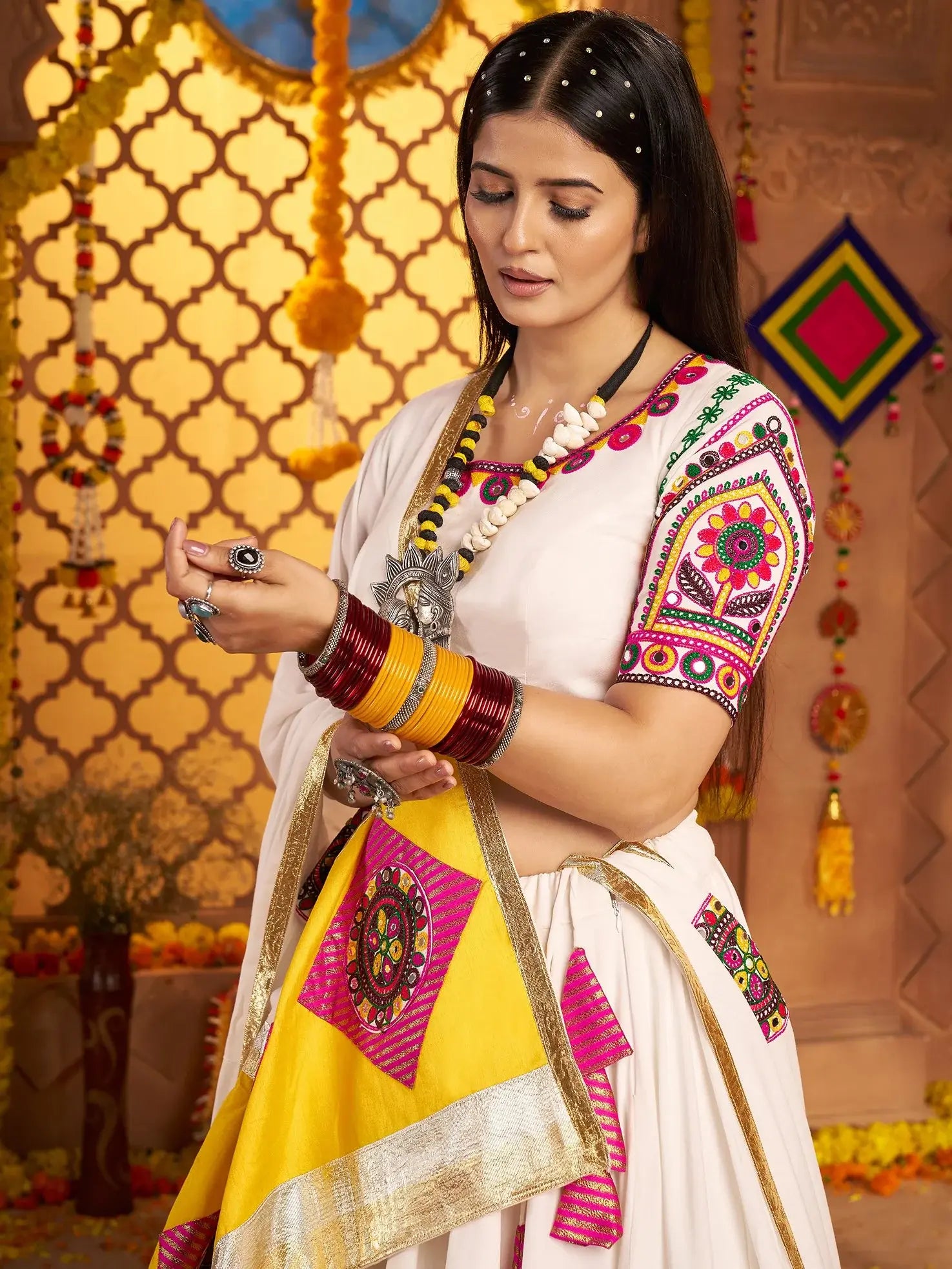 Incredible White Jacquard Patch Work Cotton Navratri Wear Lehenga Choli - Zeel Clothing