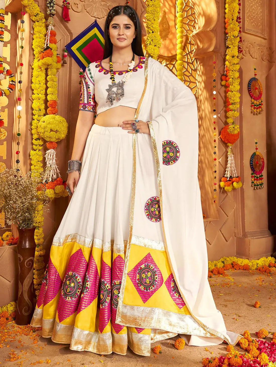 Incredible White Jacquard Patch Work Cotton Navratri Wear Lehenga Choli - Zeel Clothing