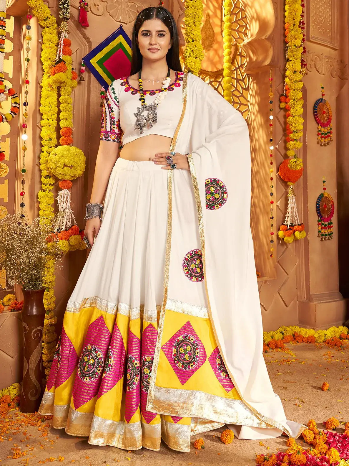 Incredible White Jacquard Patch Work Cotton Navratri Wear Lehenga Choli - Zeel Clothing